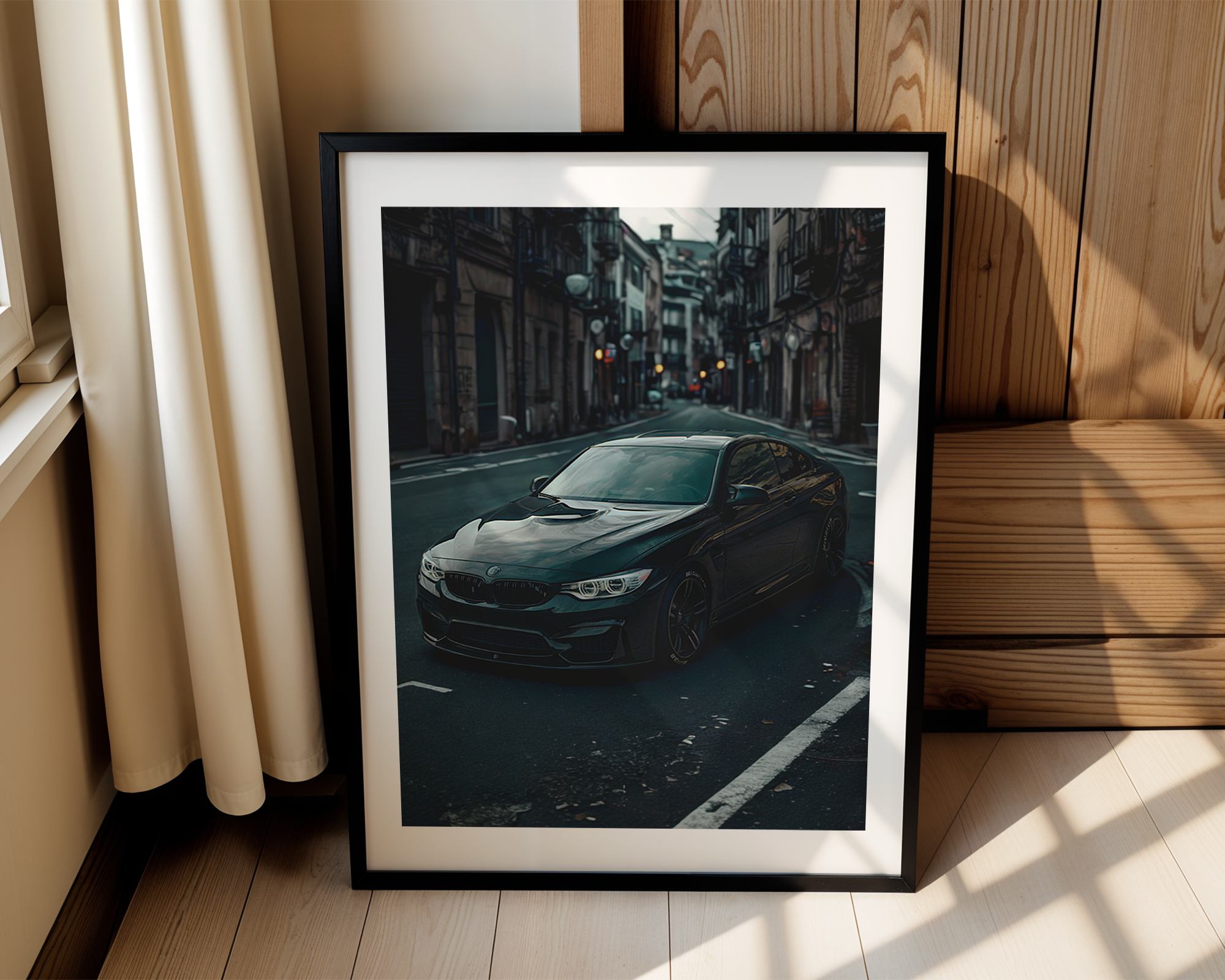 BMW M4 Street Photography Poster – Framed Dark Urban Car Art