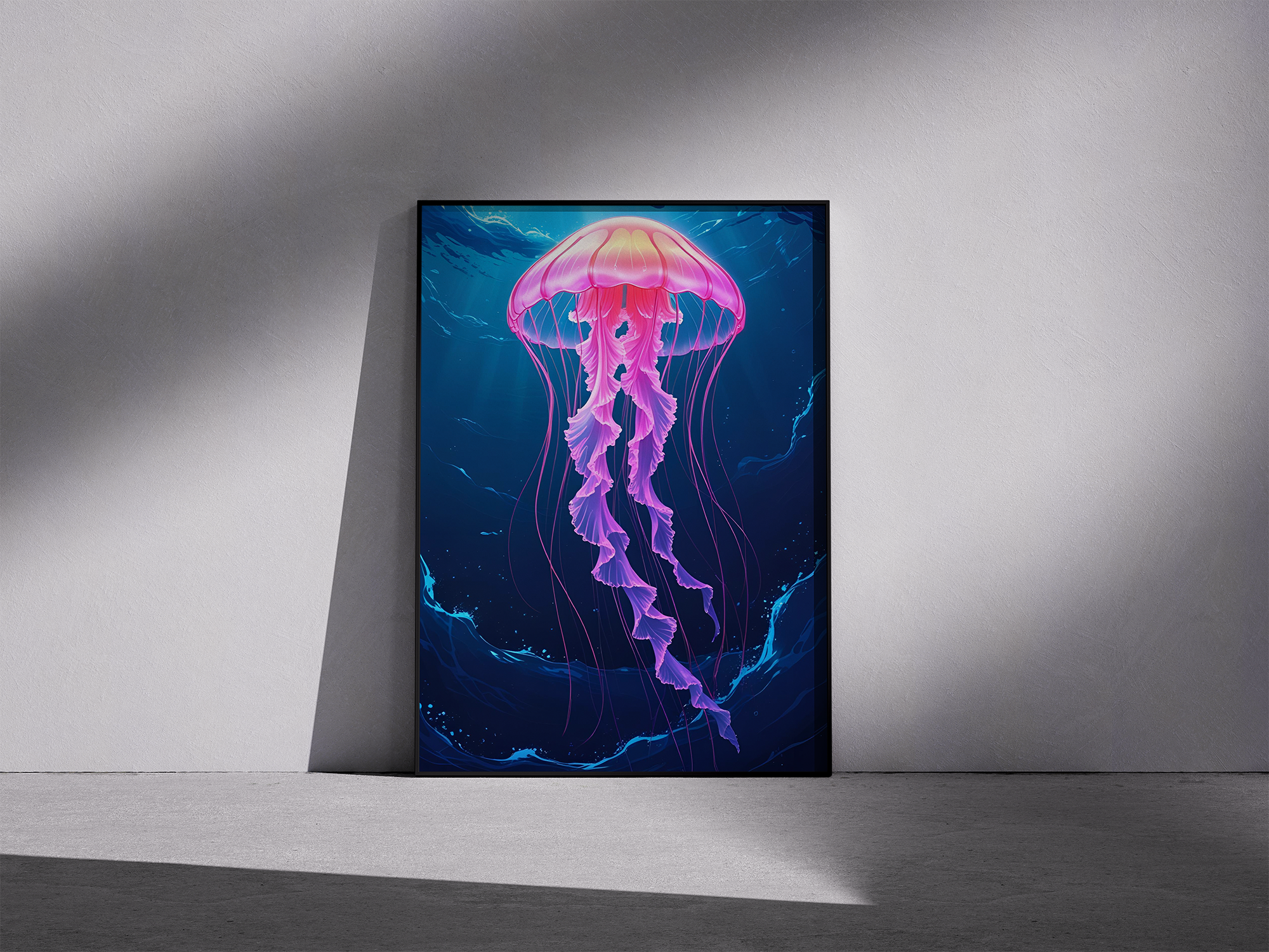 Glow Current – Neon Jellyfish Framed Poster in Deep Sea Blue