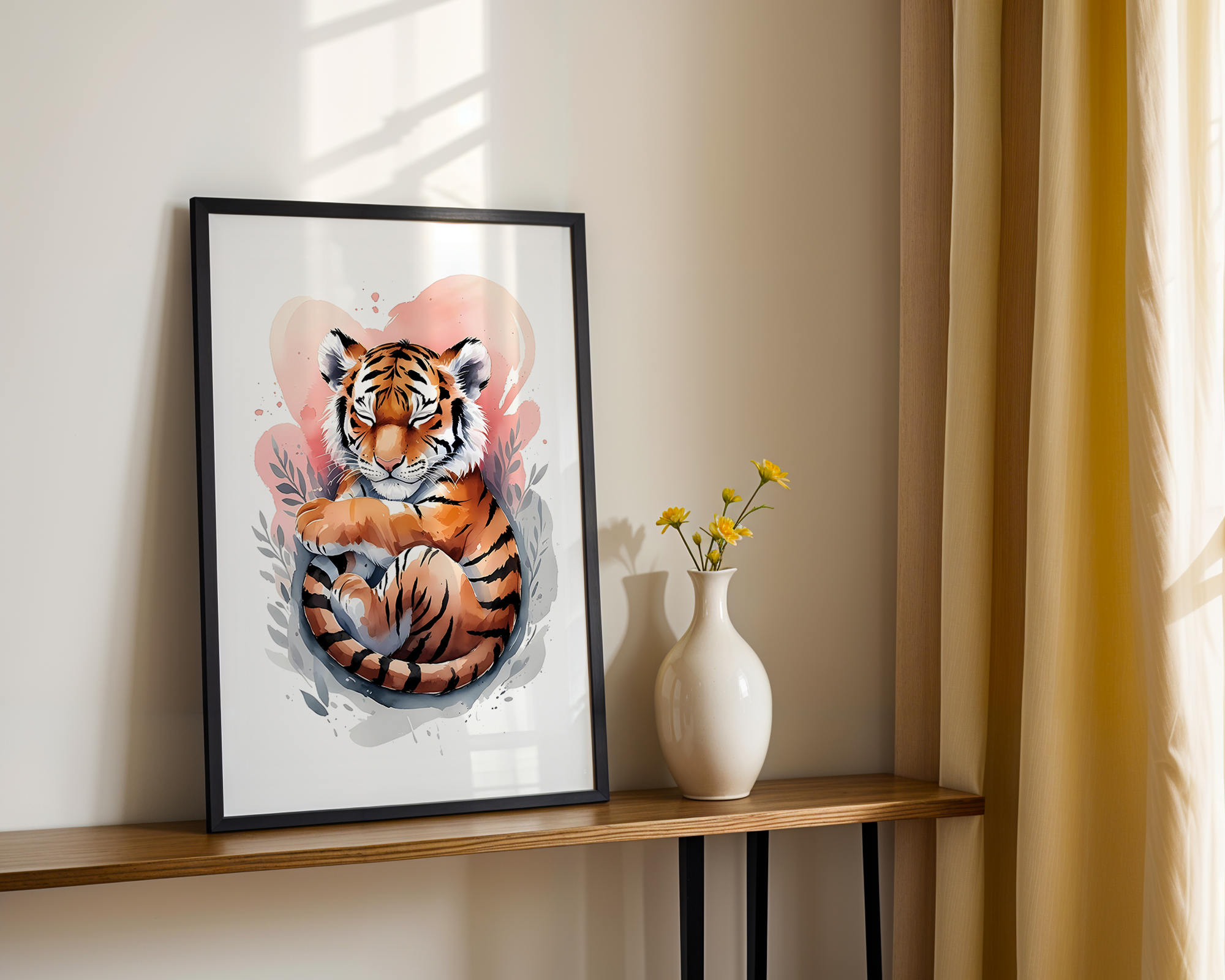 Gentle Love - Watercolor Style Print - Baby Tiger Framed Poster