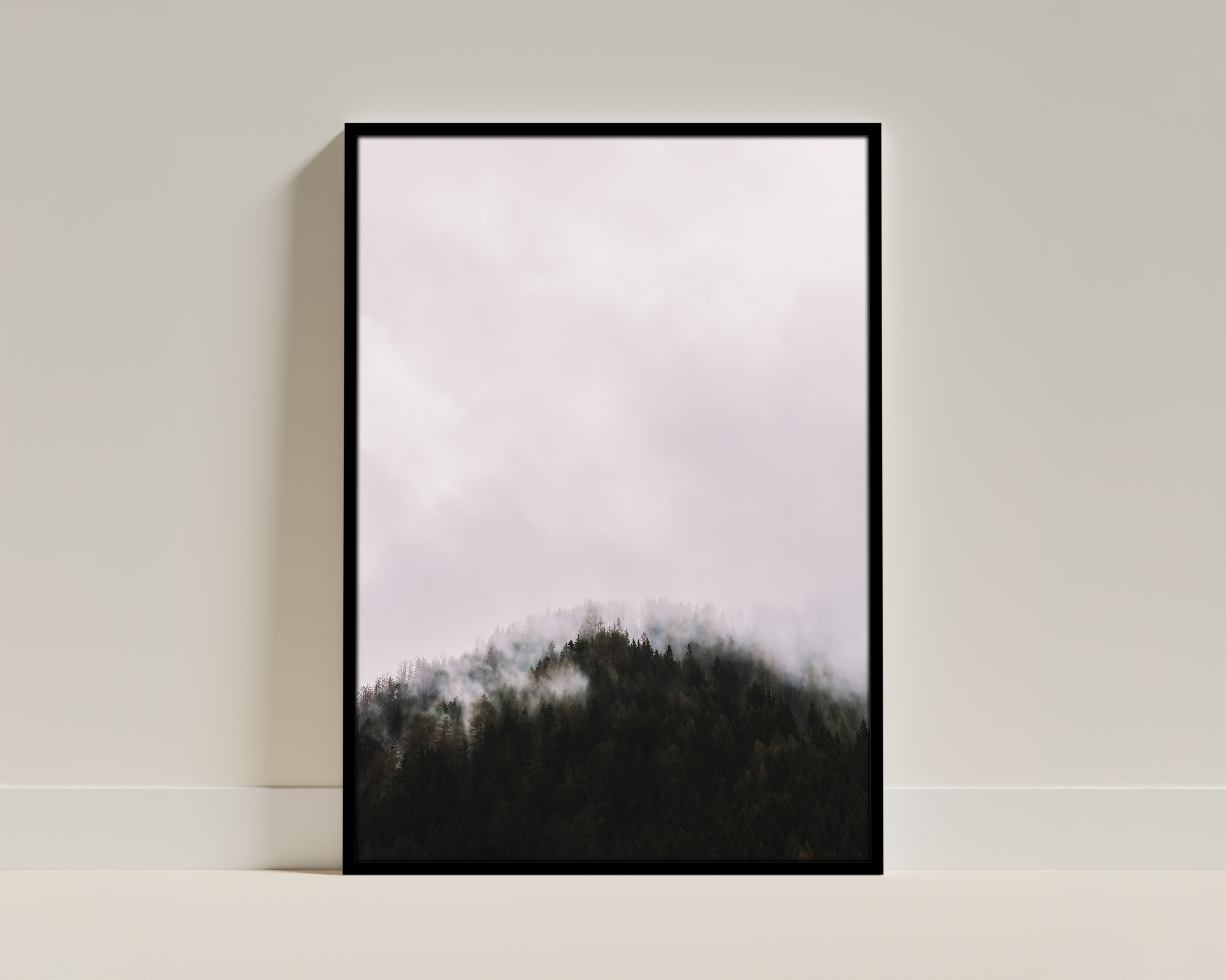 Misty Mountain Veil – Fog Over Peaks – Framed Print