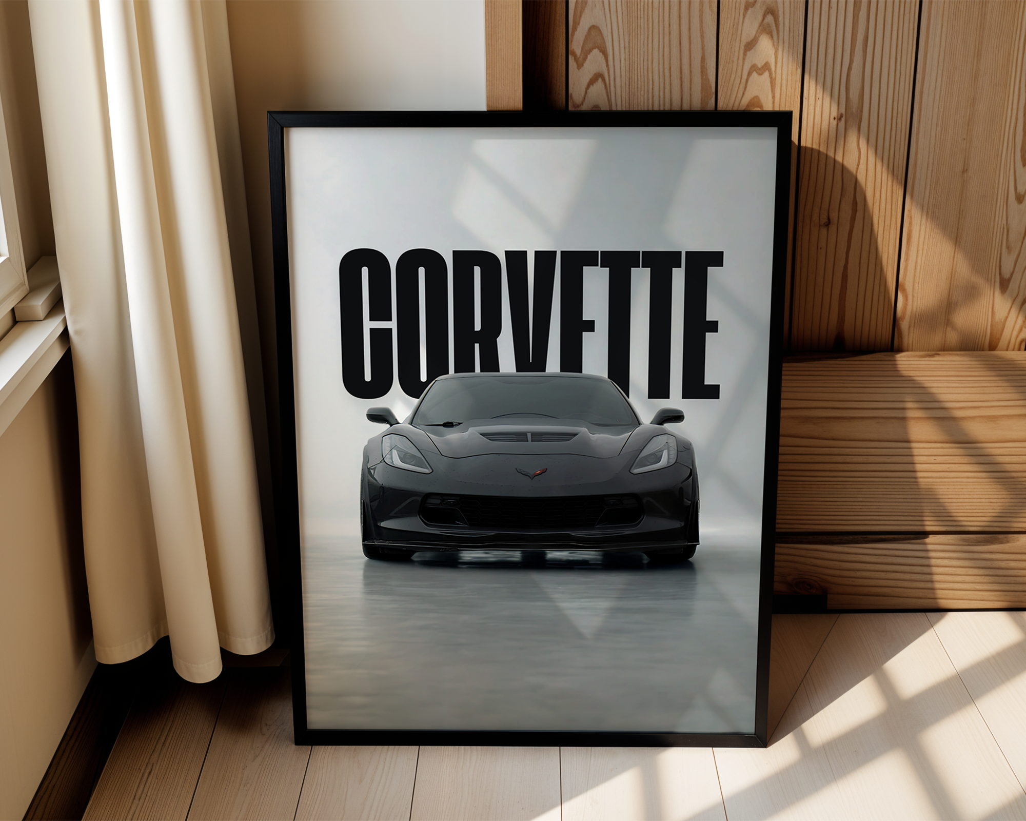 Modern Framed Automotive Poster – Corvette in Clean Studio Aesthetic
