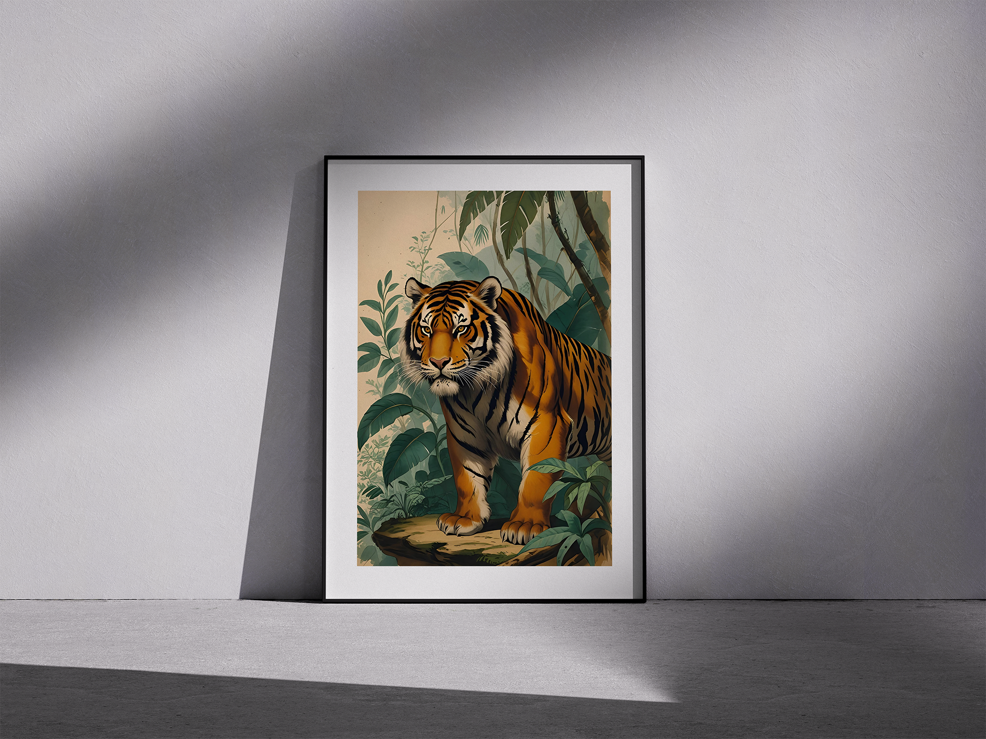 Jungle Majesty – Framed Vintage Tiger Poster in Botanical Style