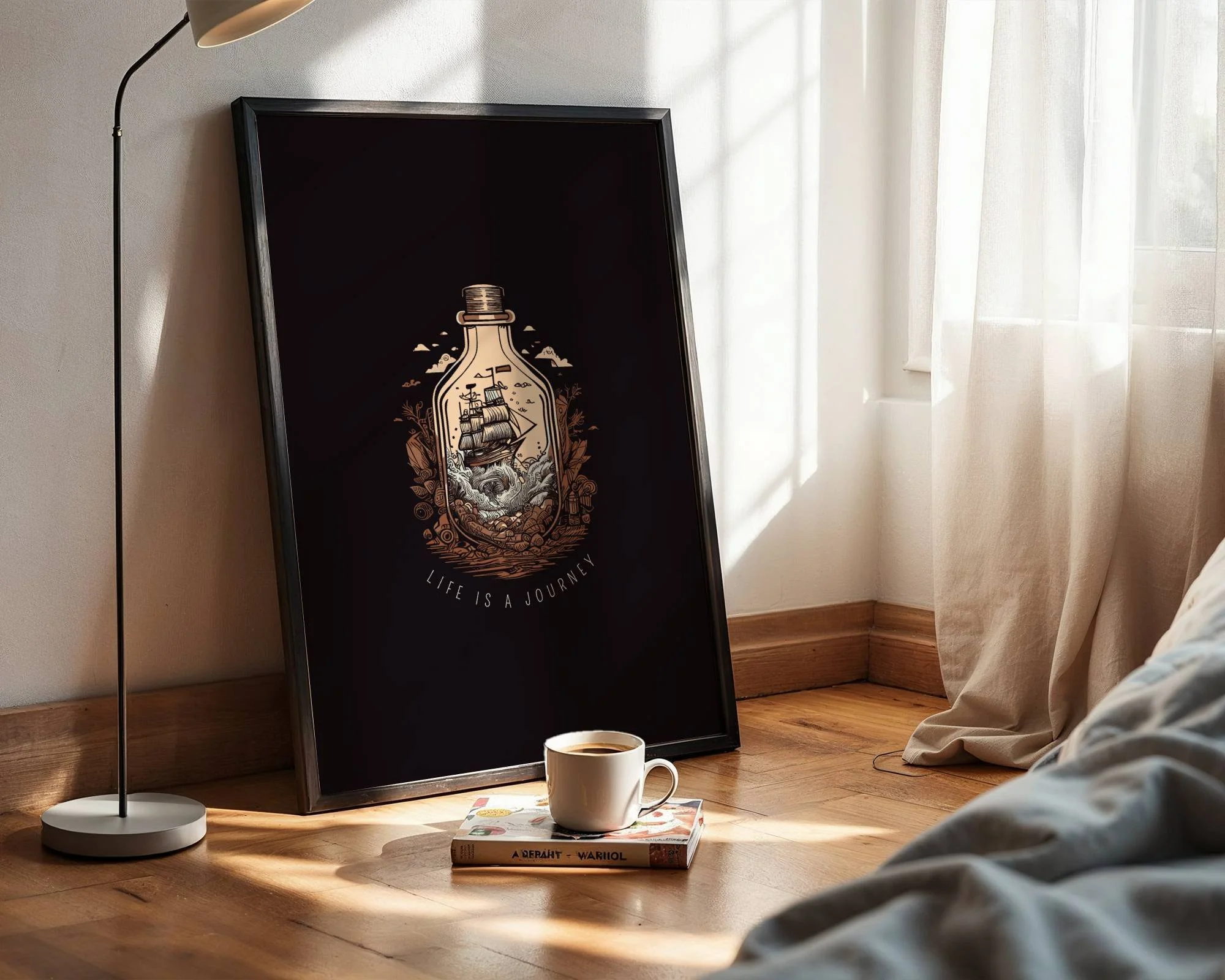 Life Is A Journey Nautical Ship in a Bottle Framed Art