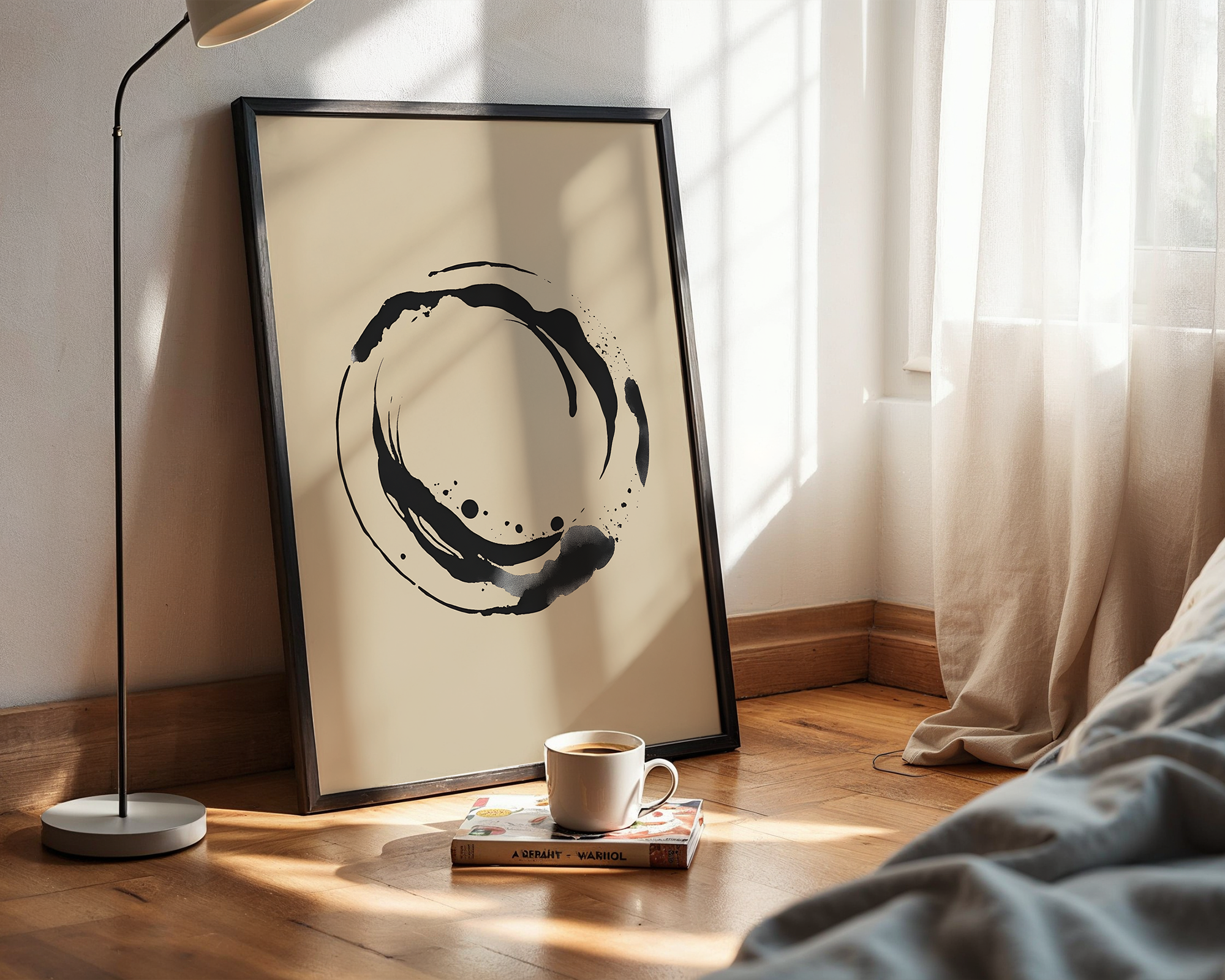 Japandi Style Spiral Wall Art – Beige & Black Framed Abstract Print