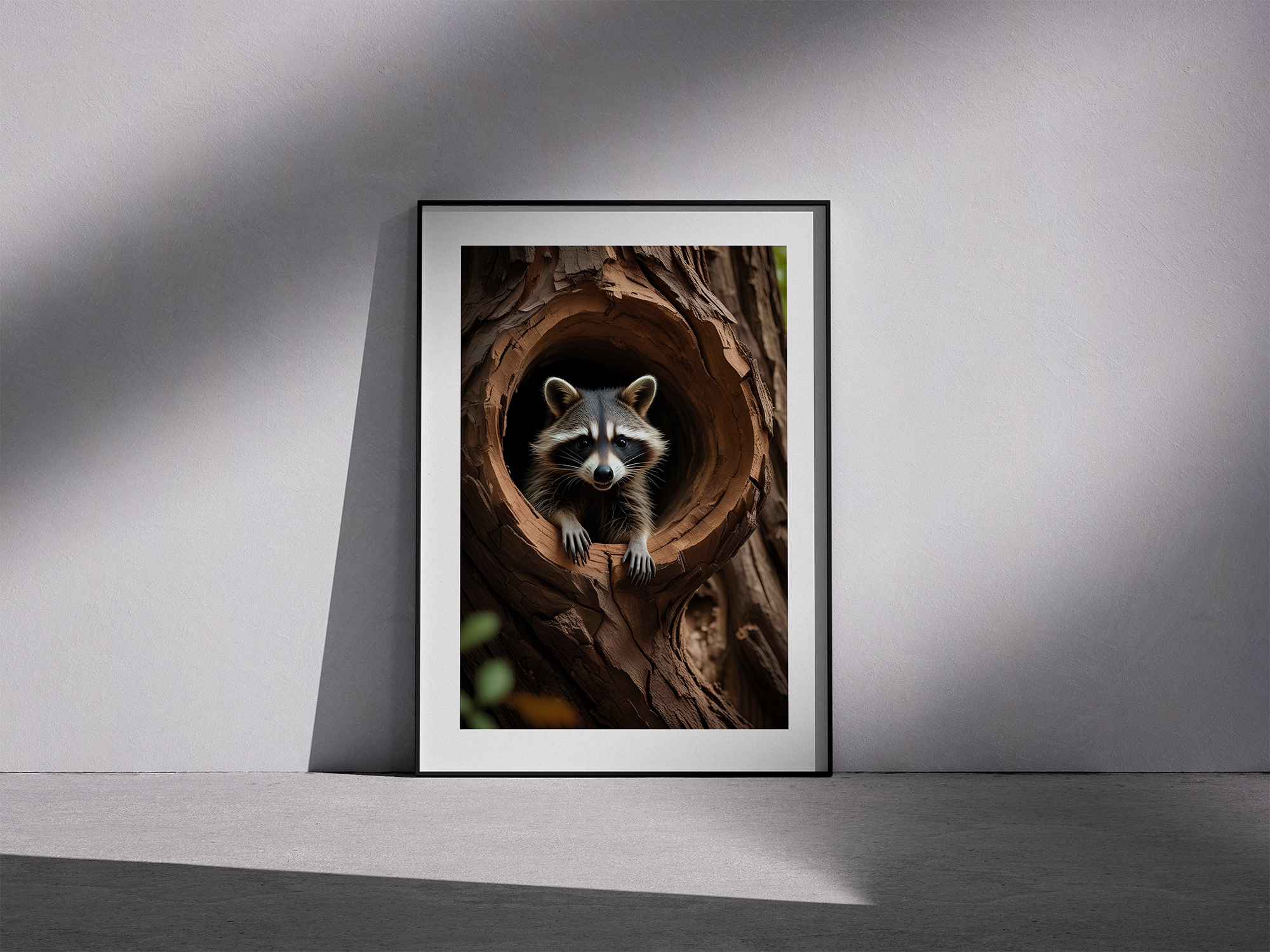 Hollow Peek – Curious Raccoon Framed Poster in Woodland Detail