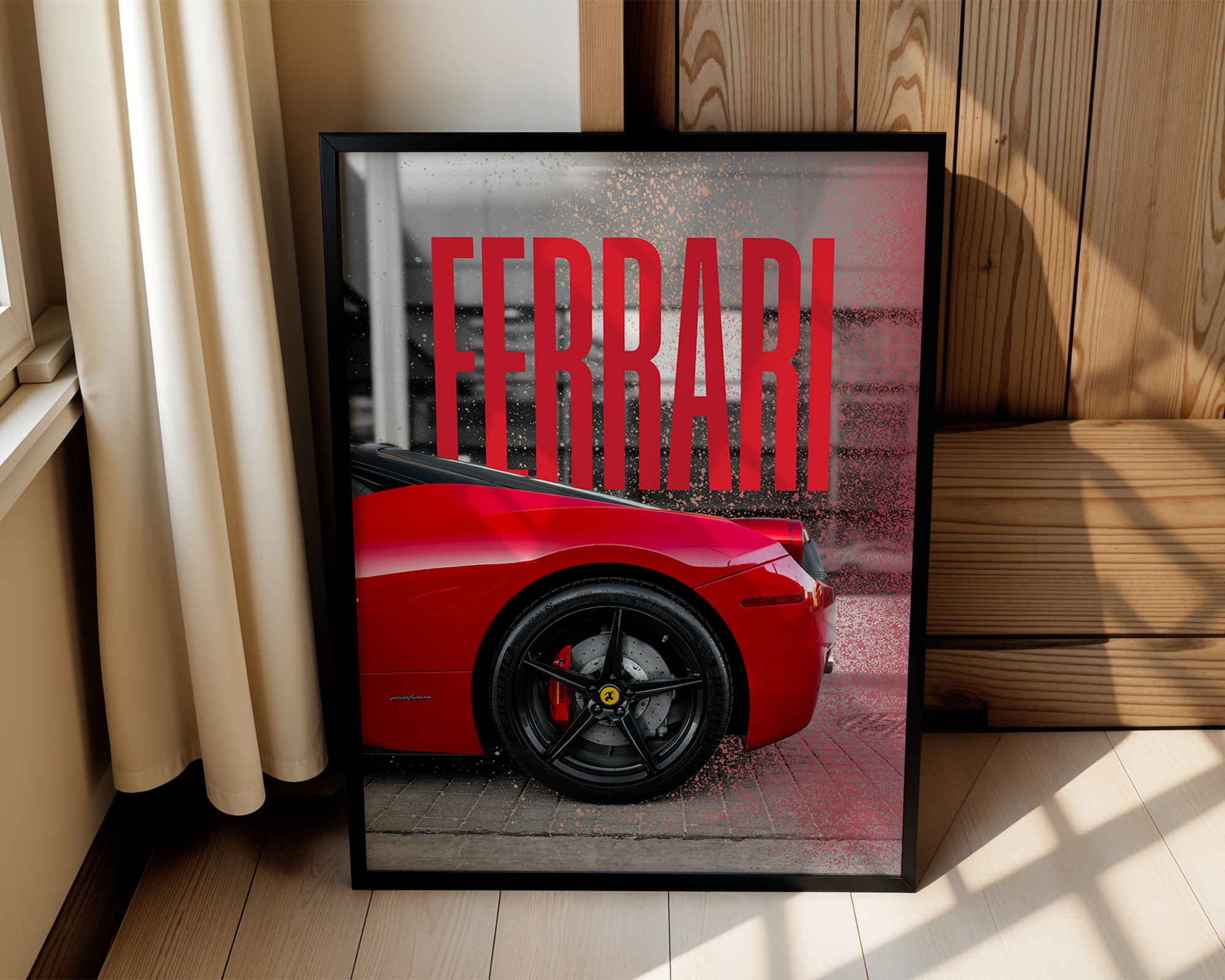 Ferrari Vibes – Striking Red Supercar Poster with Bold Street Style
