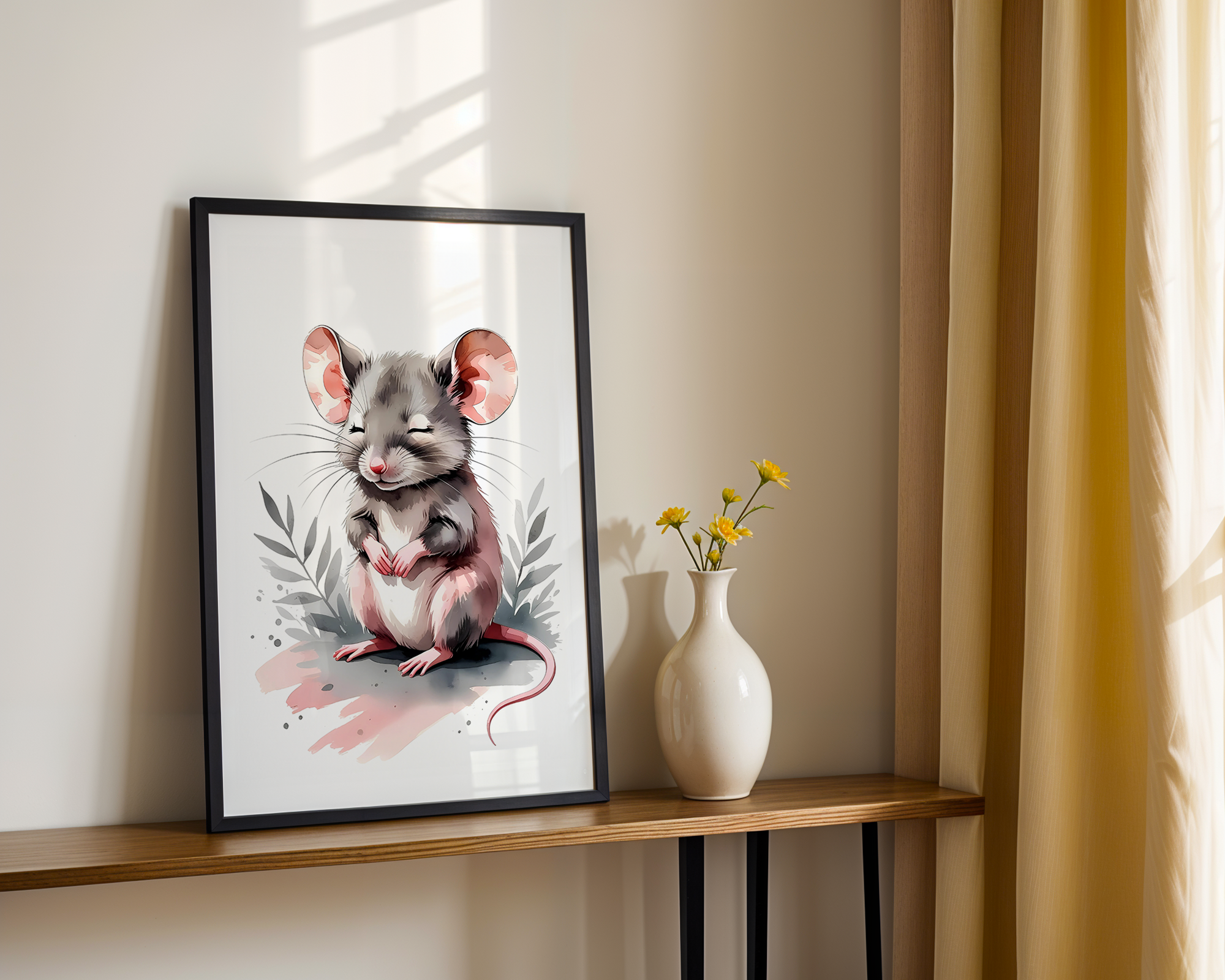 Gentle Love - Watercolor Style Print - Baby Mouse Framed Poster