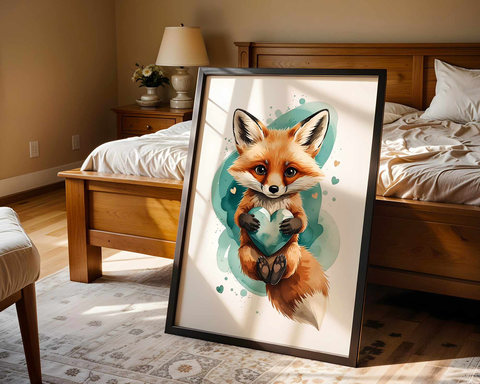 Drift & Heart – Playful Fox Framed Poster in Watercolor