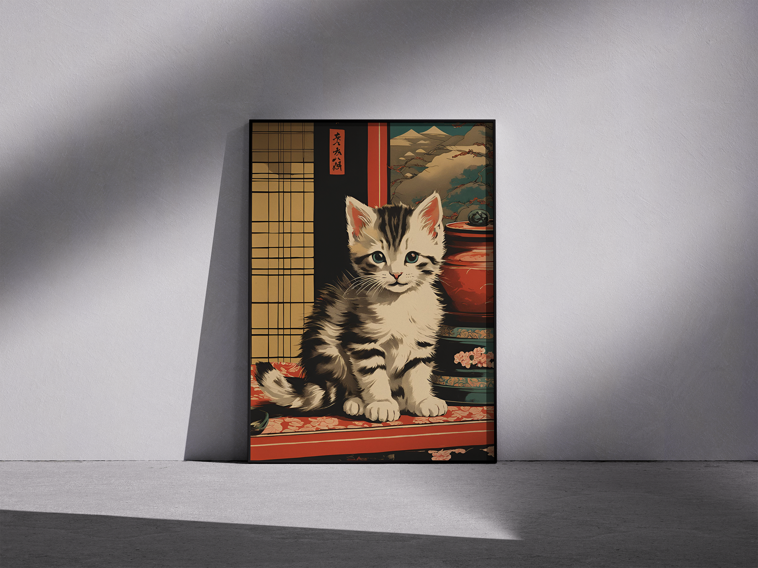 Cute Japanese Kitten Art Framed Poster - Unique Art for Animal Lovers