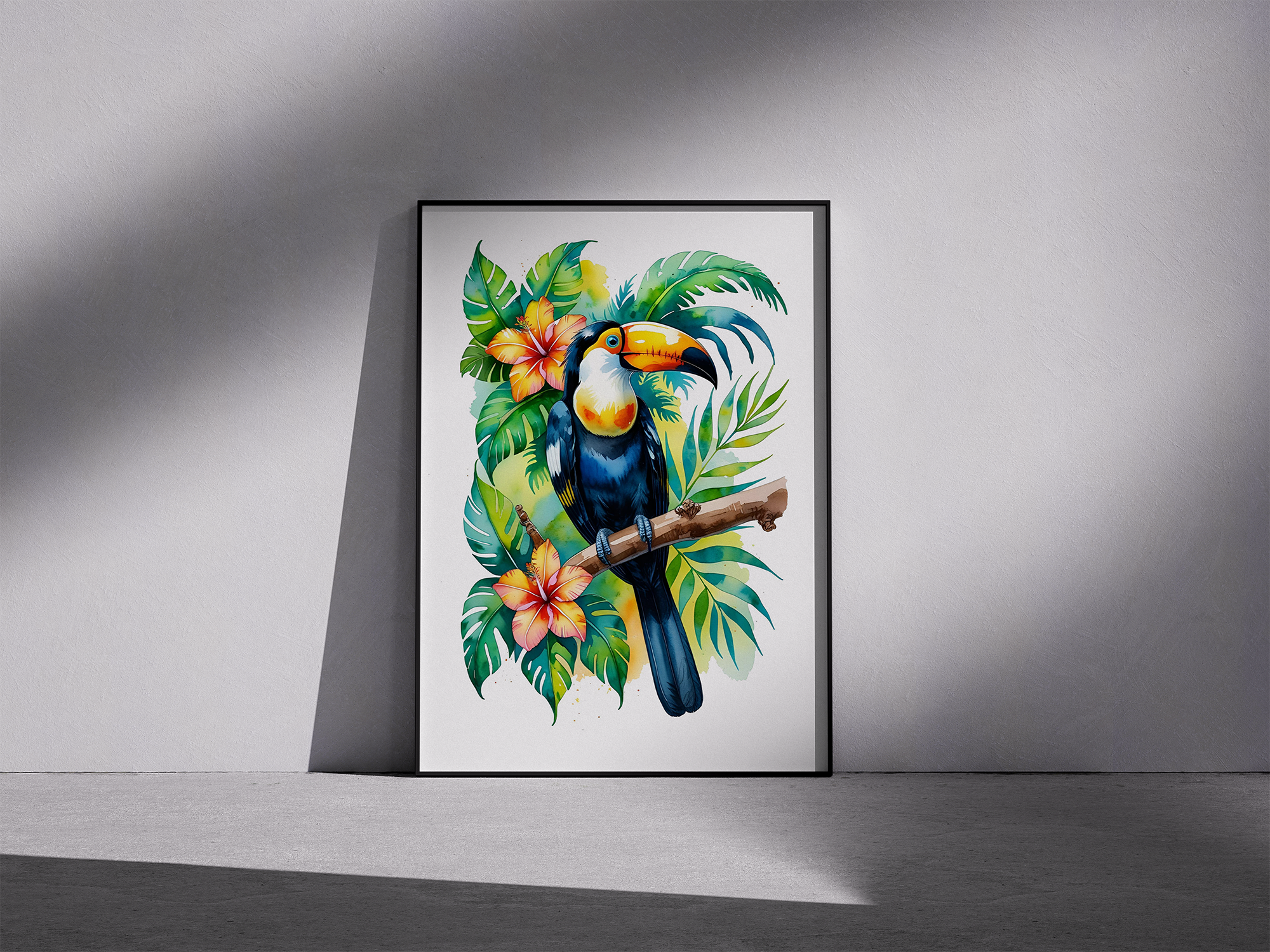 Tropical Perch – Watercolor Toucan Framed Poster with Jungle Leaves