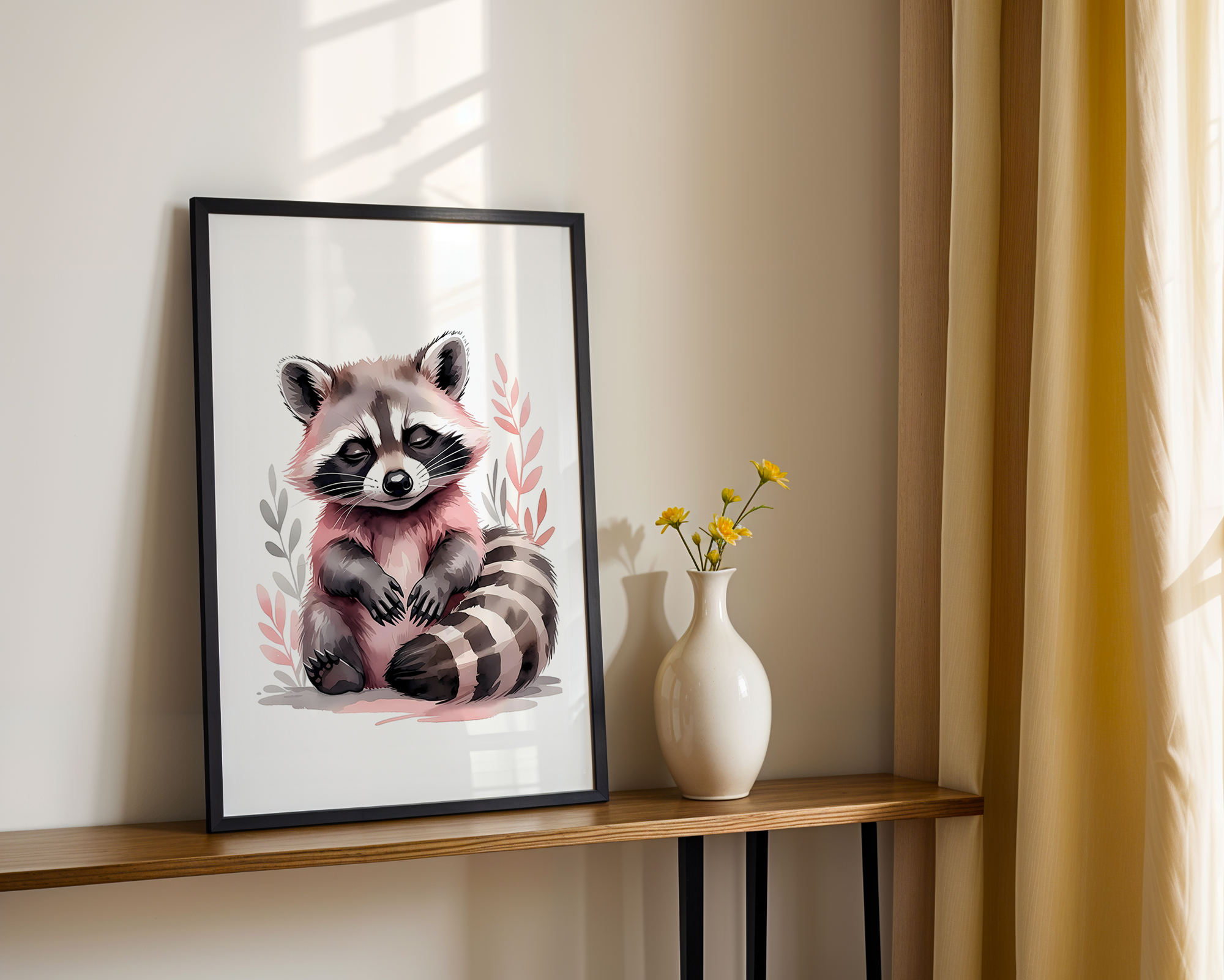 Gentle Love - Watercolor Style Print - Baby Raccoon Framed Poster