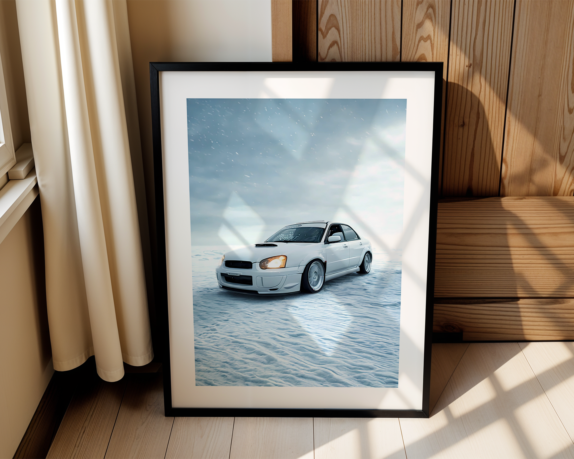 WRX STI Driving Through Snow – Modern Framed Automotive Poster