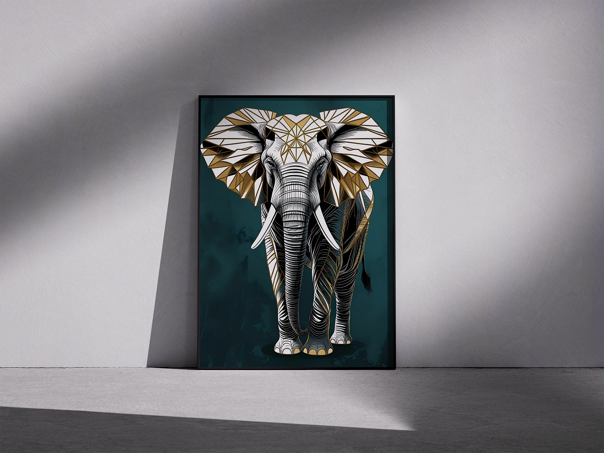 Golden Memory – Abstract Elephant Famed Poster - Deco Lines Style
