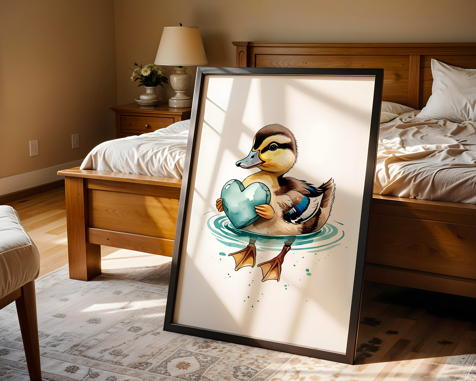 Drift & Heart – Playful Duck Framed Poster in Watercolor