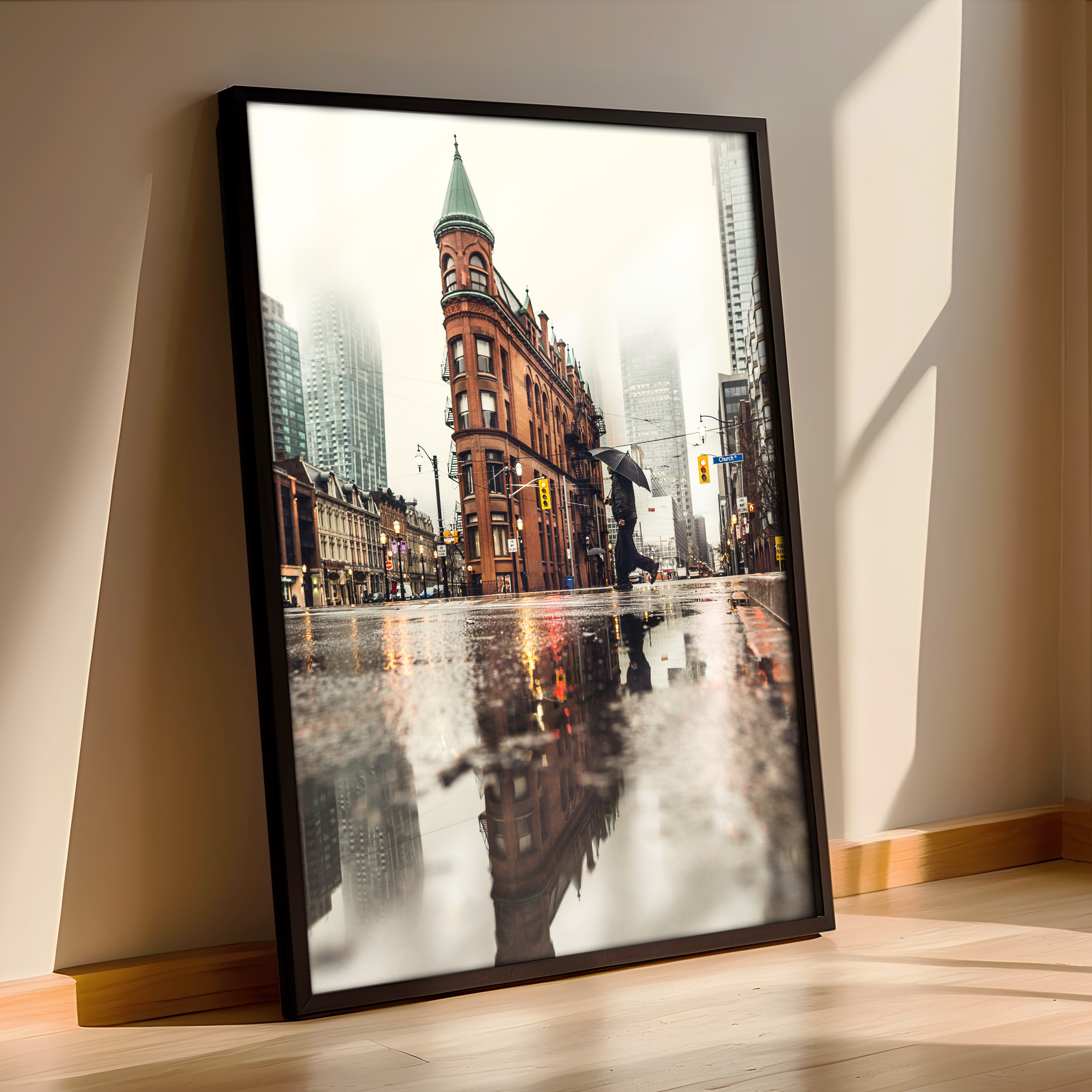 Toronto Flatiron Building in the Rain – Urban Reflection Photography Print