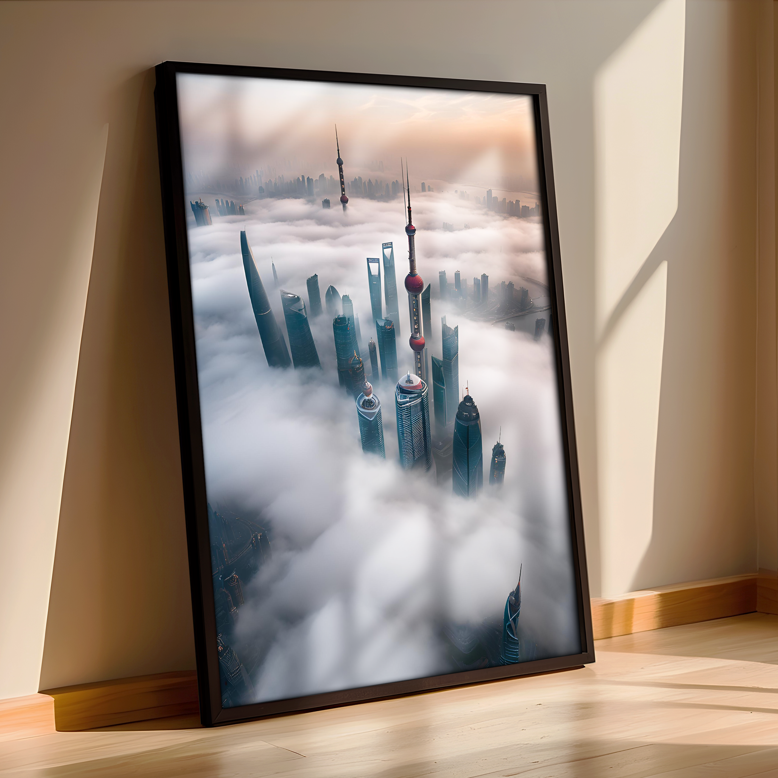 Shanghai in the Clouds - Framed Poster - Iconic Skyline Wall Art Print