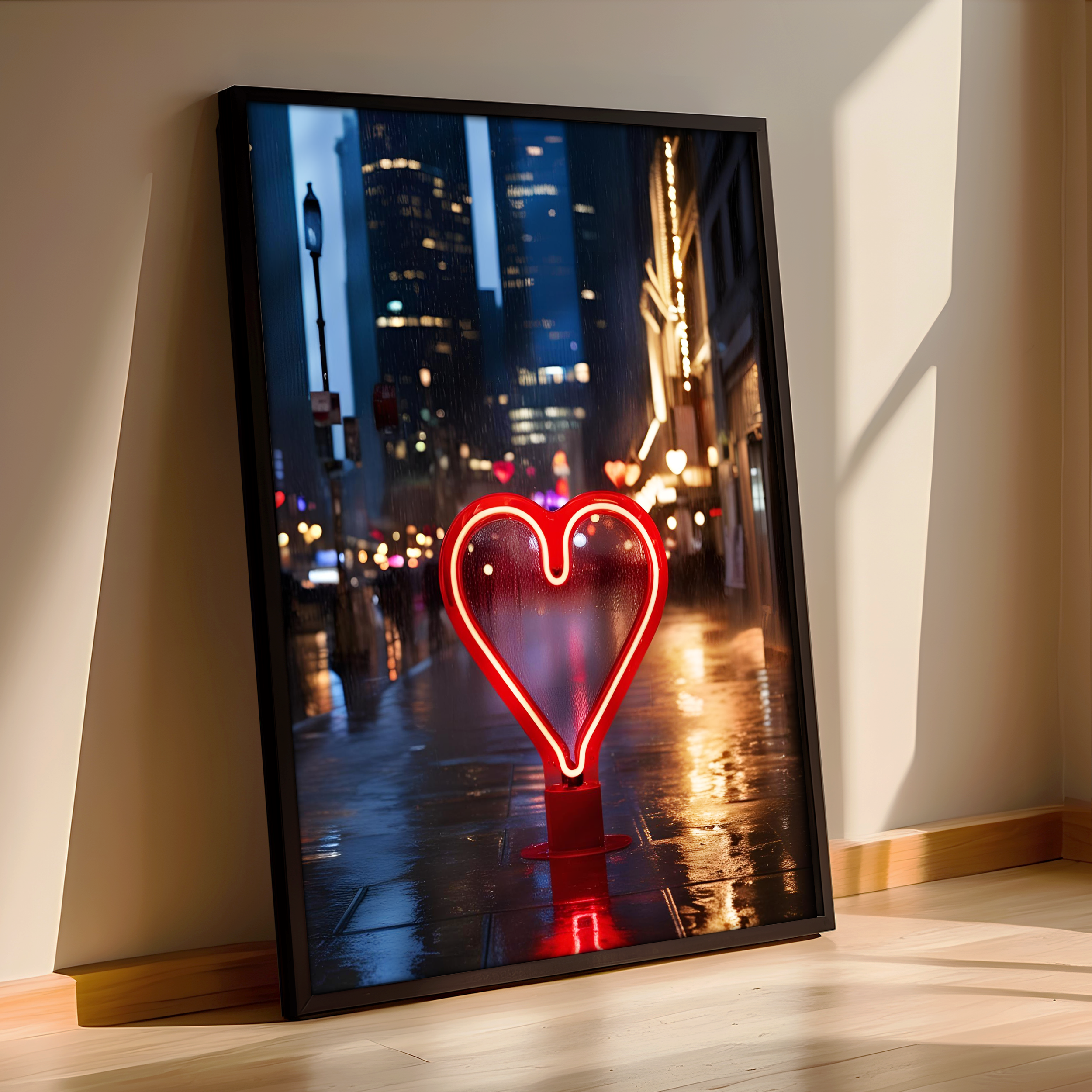 Neon Heart – Rainy City Love Scene – Framed Modern Art Print