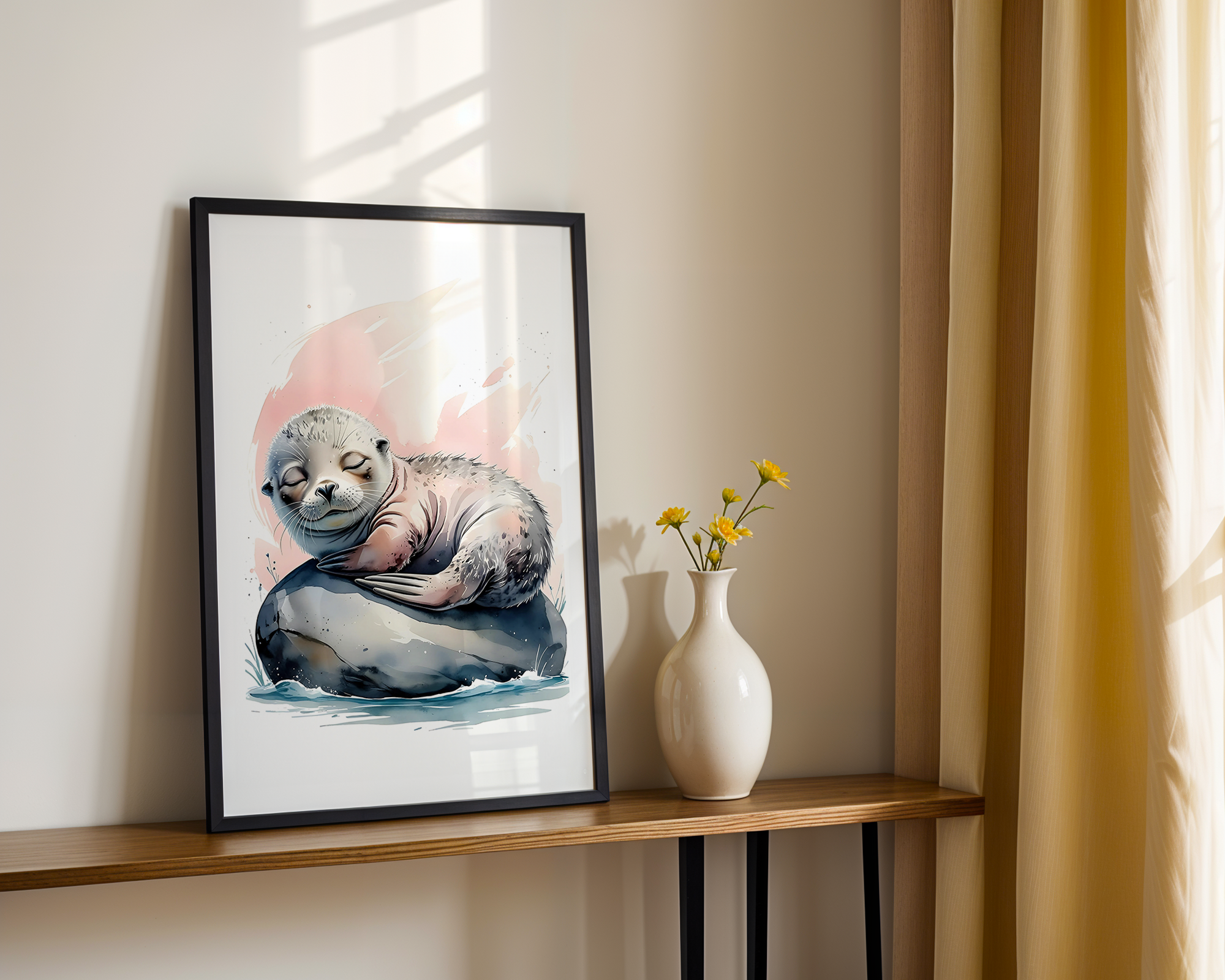 Gentle Love - Watercolor Style Print - Baby Seal Framed Poster