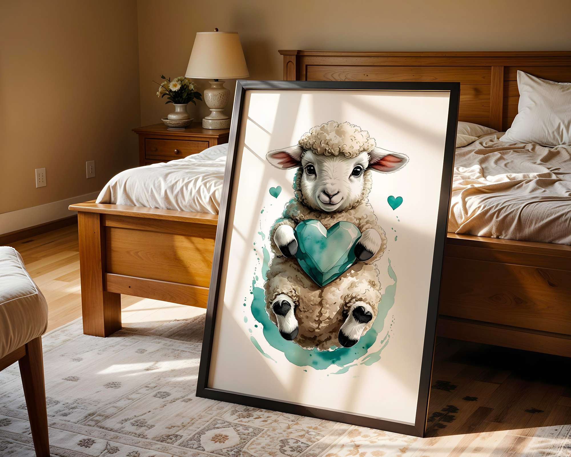Drift & Heart – Playful Sheep Framed Poster in Watercolor