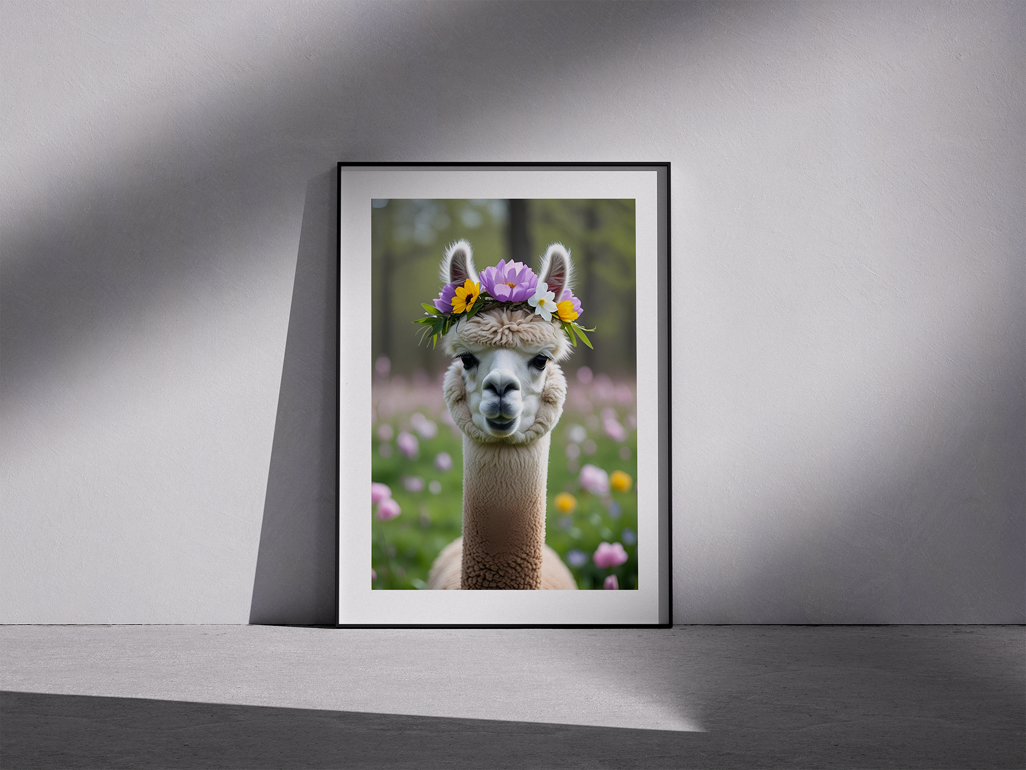 Flower Herd – Whimsical Alpaca Framed Poster for Spring Vibes