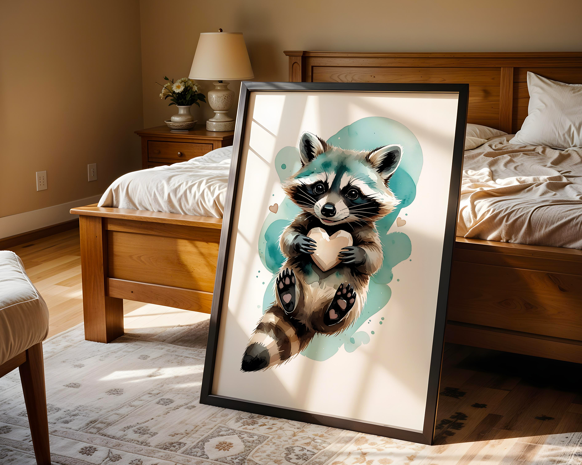 Drift & Heart – Playful Raccoon Framed Poster in Watercolor