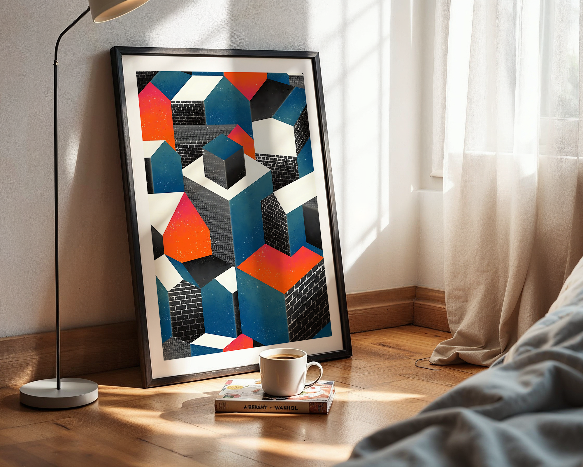 Modern Geometric Art Print – 3D Optical Illusion - Abstract Urban Blocks in Red, Blue & Black