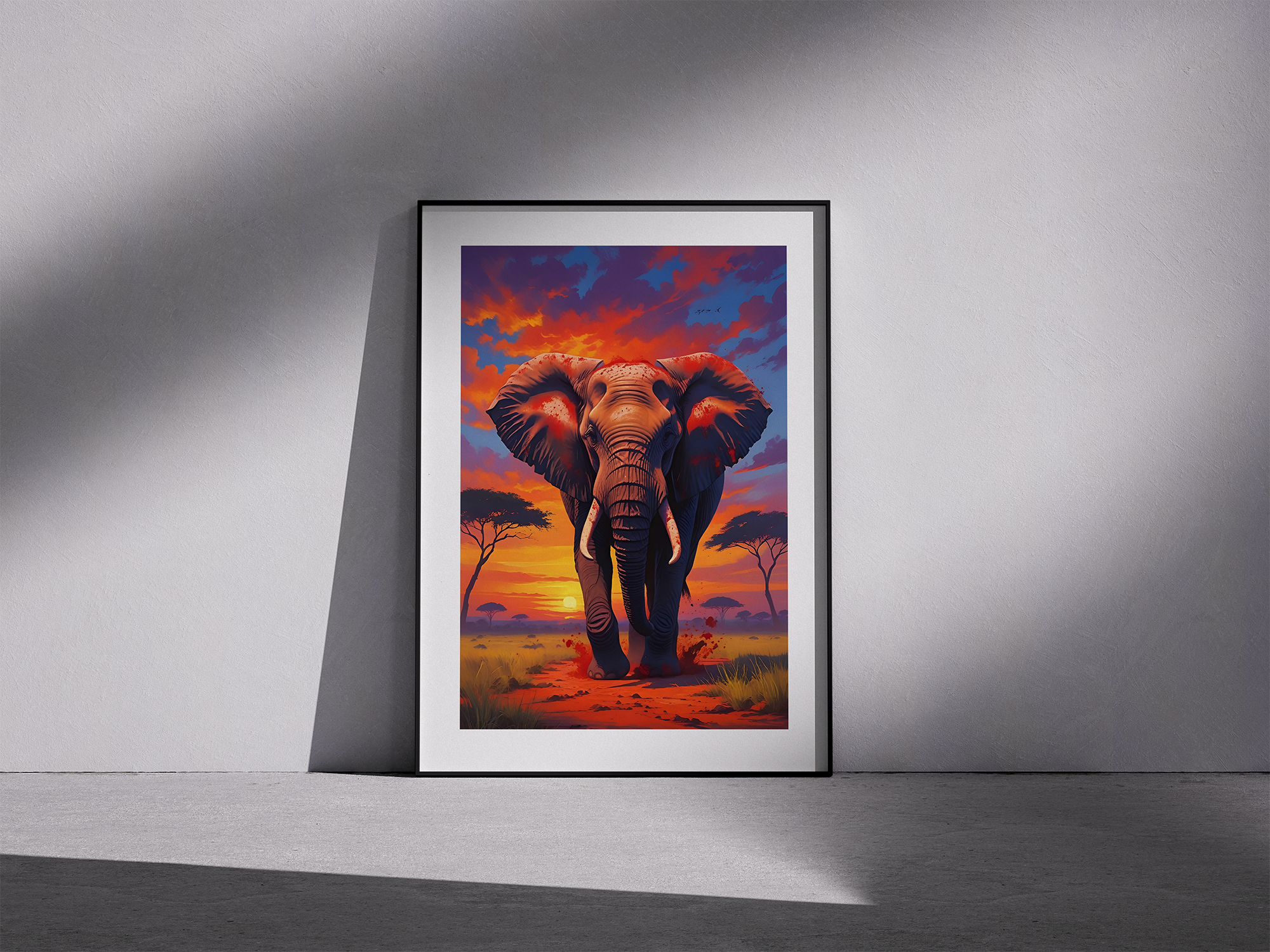 Dust & Majesty – Stunning Framed Elephant Illustration at Sunset