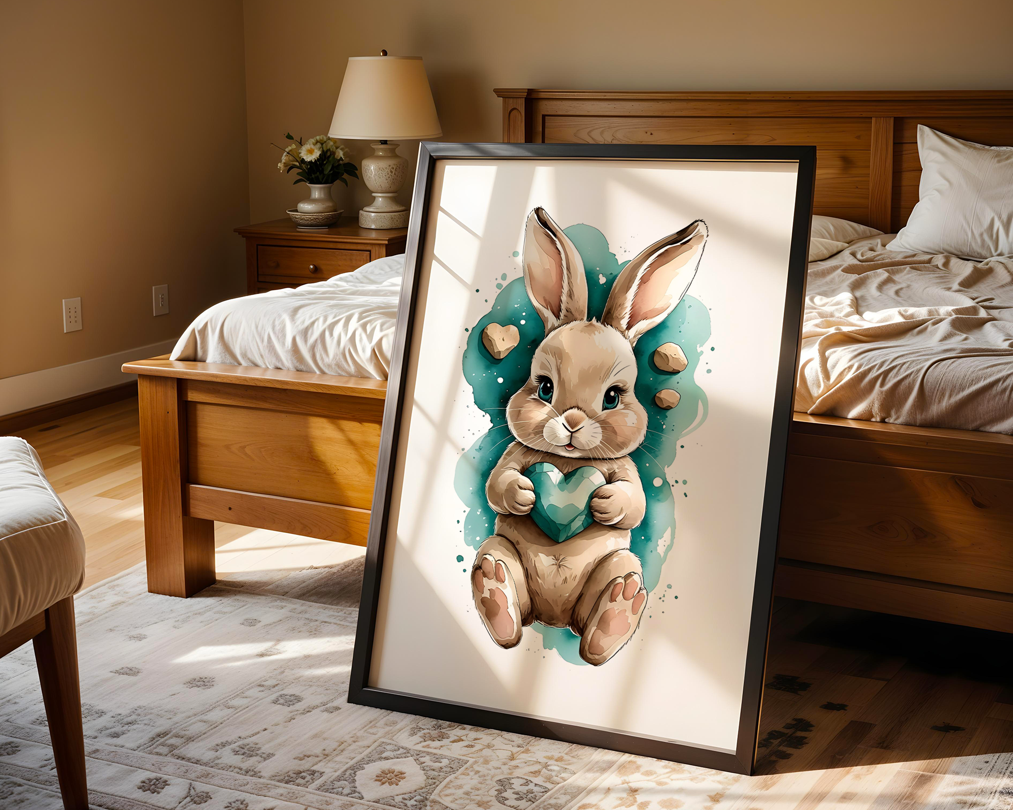 Drift & Heart – Playful Bunny Framed Poster in Watercolor