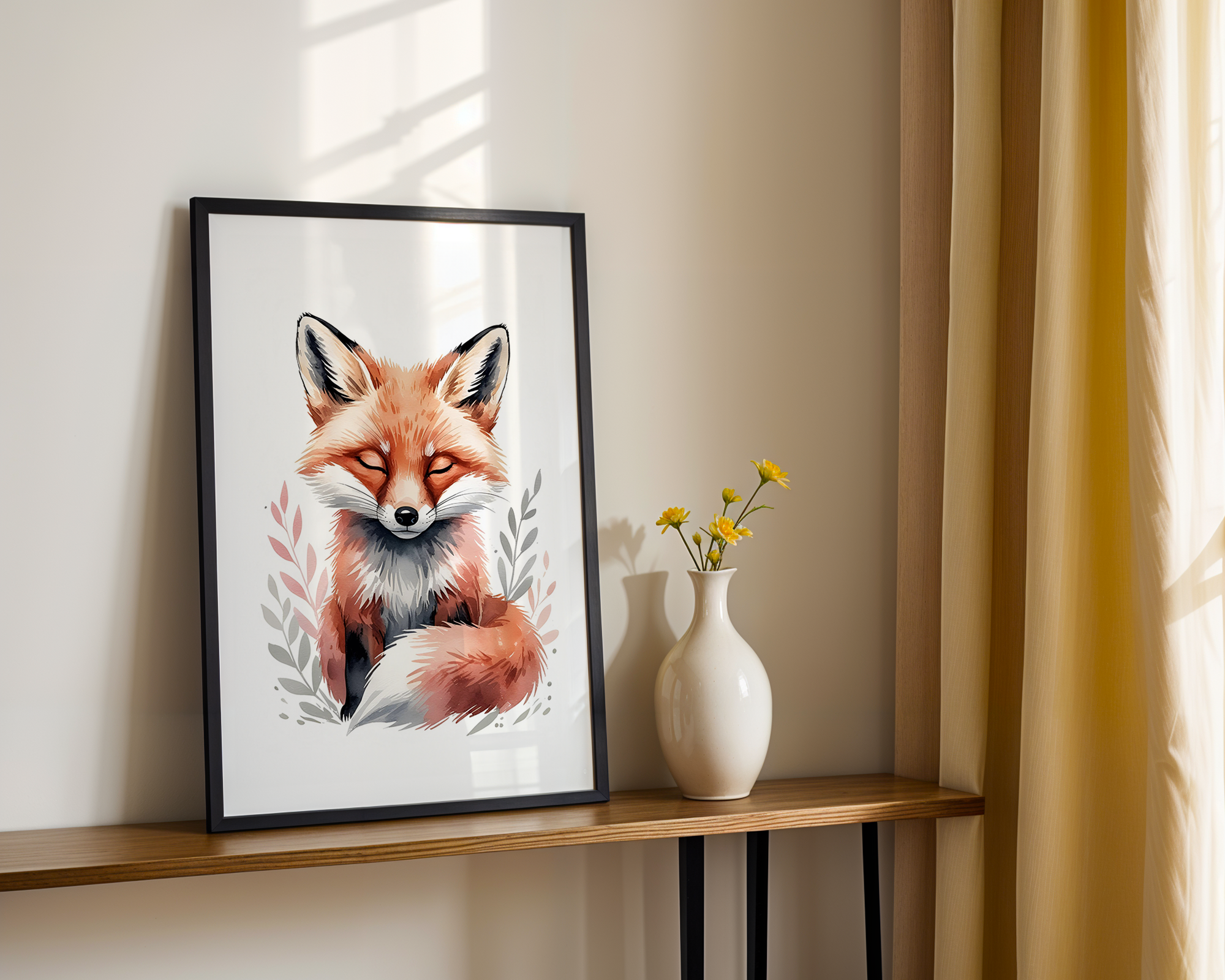 Gentle Love - Watercolor Style Print - Baby Fox Framed Poster
