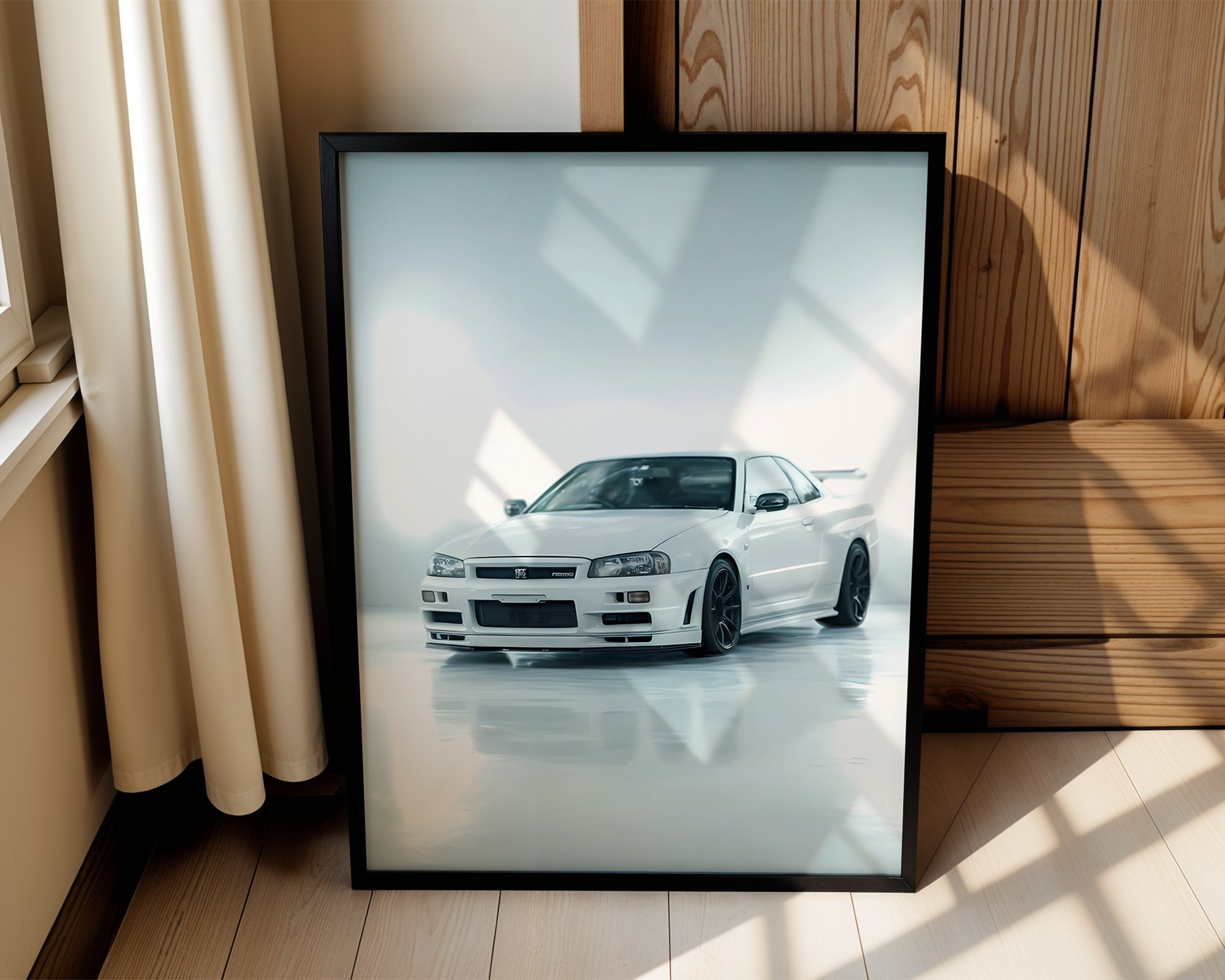 White Godzilla R34 GTR – Modern Framed Automotive Poster