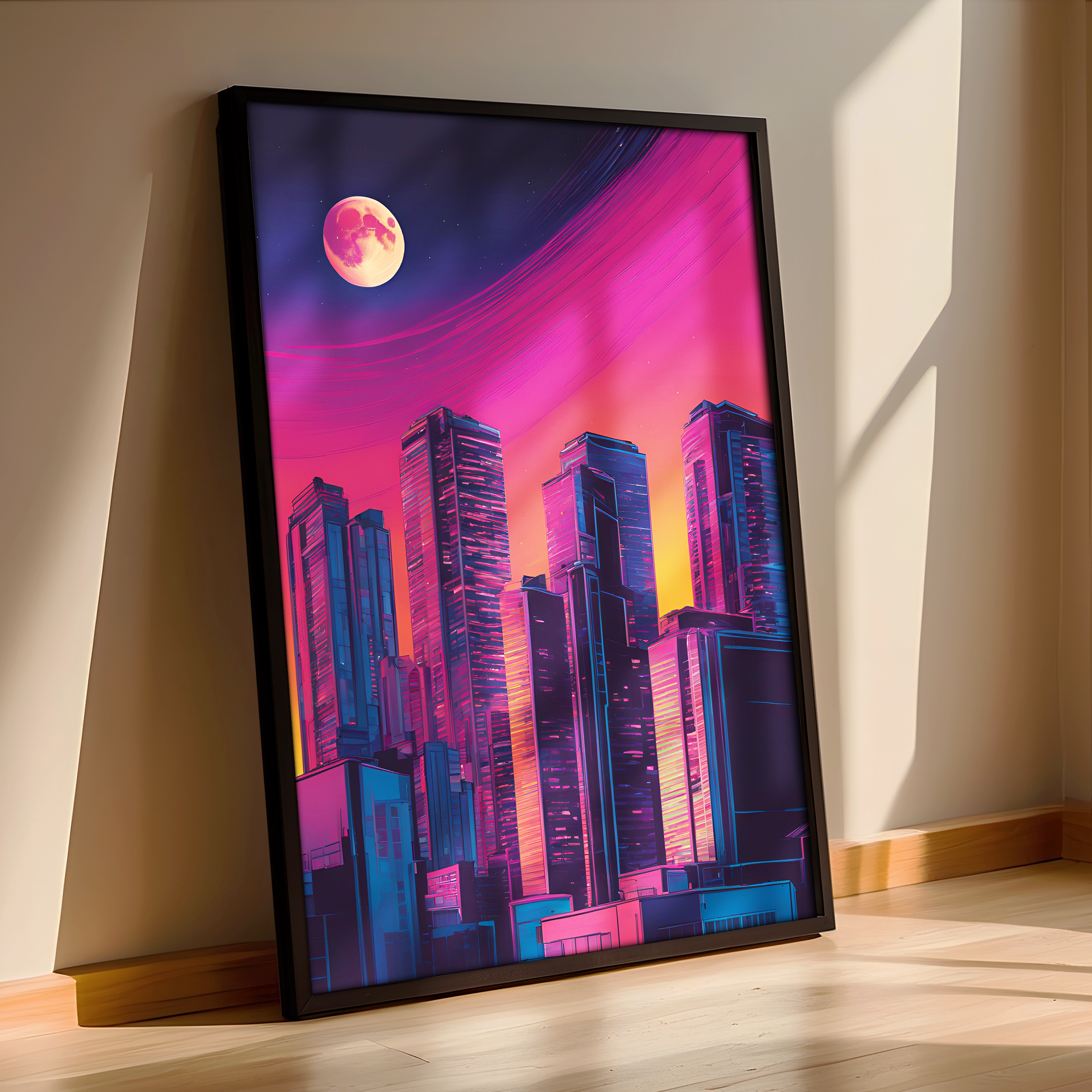 Midnight Metropolis - Neon Skyscrapers - Framed Modern Wall Decor