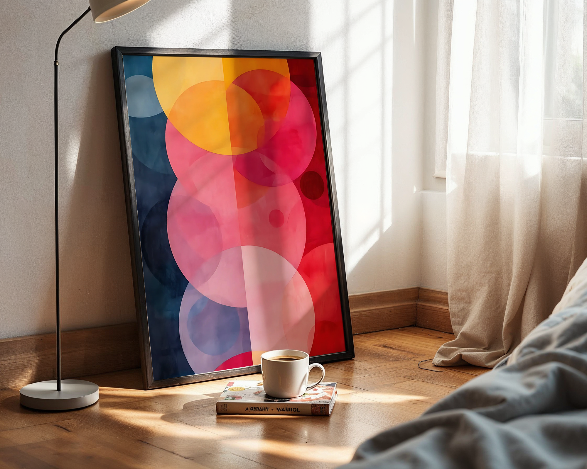 Modern Geometric Abstract Wall Art Print – Colorful Circles Design in Black Frame
