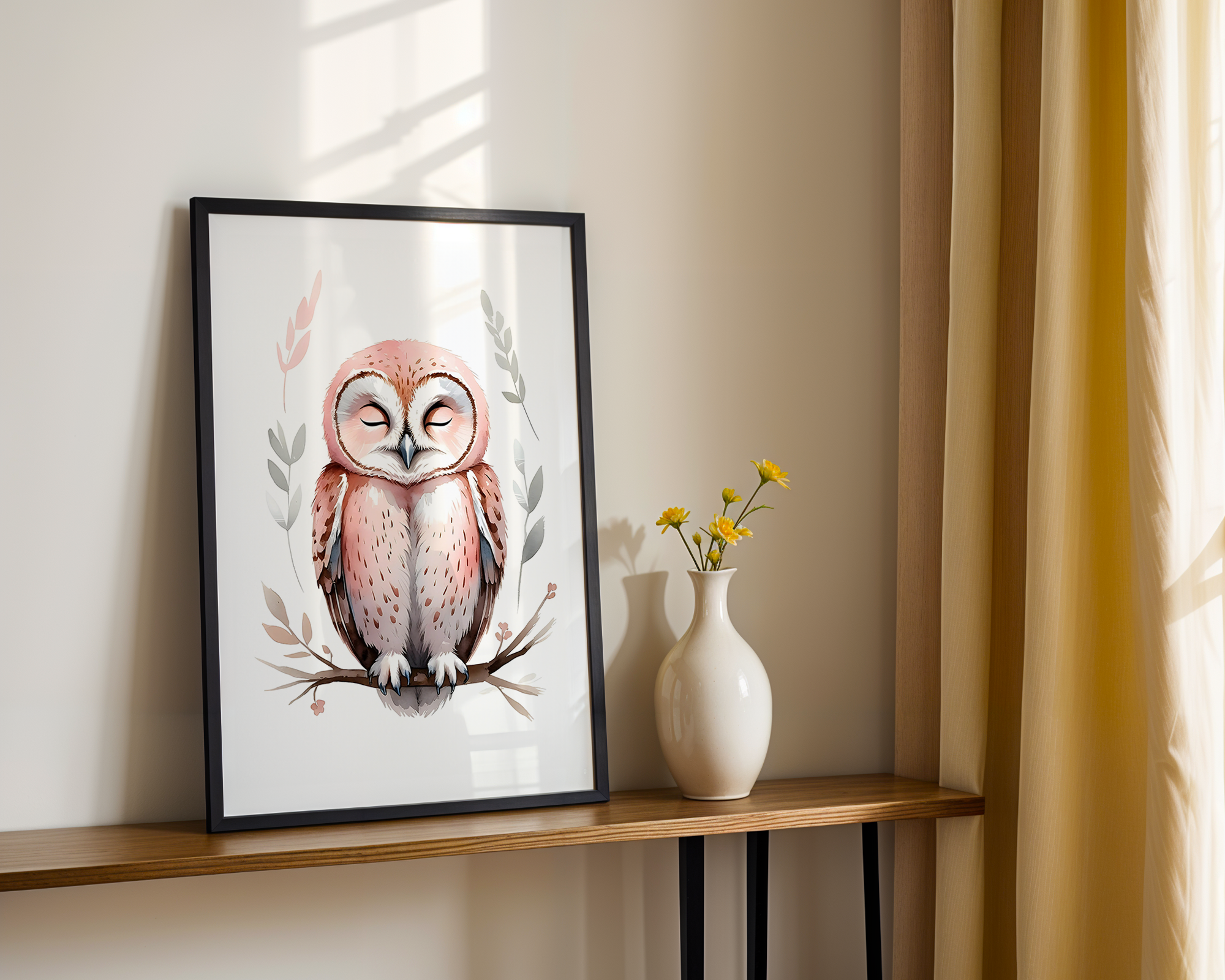 Gentle Love - Watercolor Style Print - Baby Owl Framed Poster