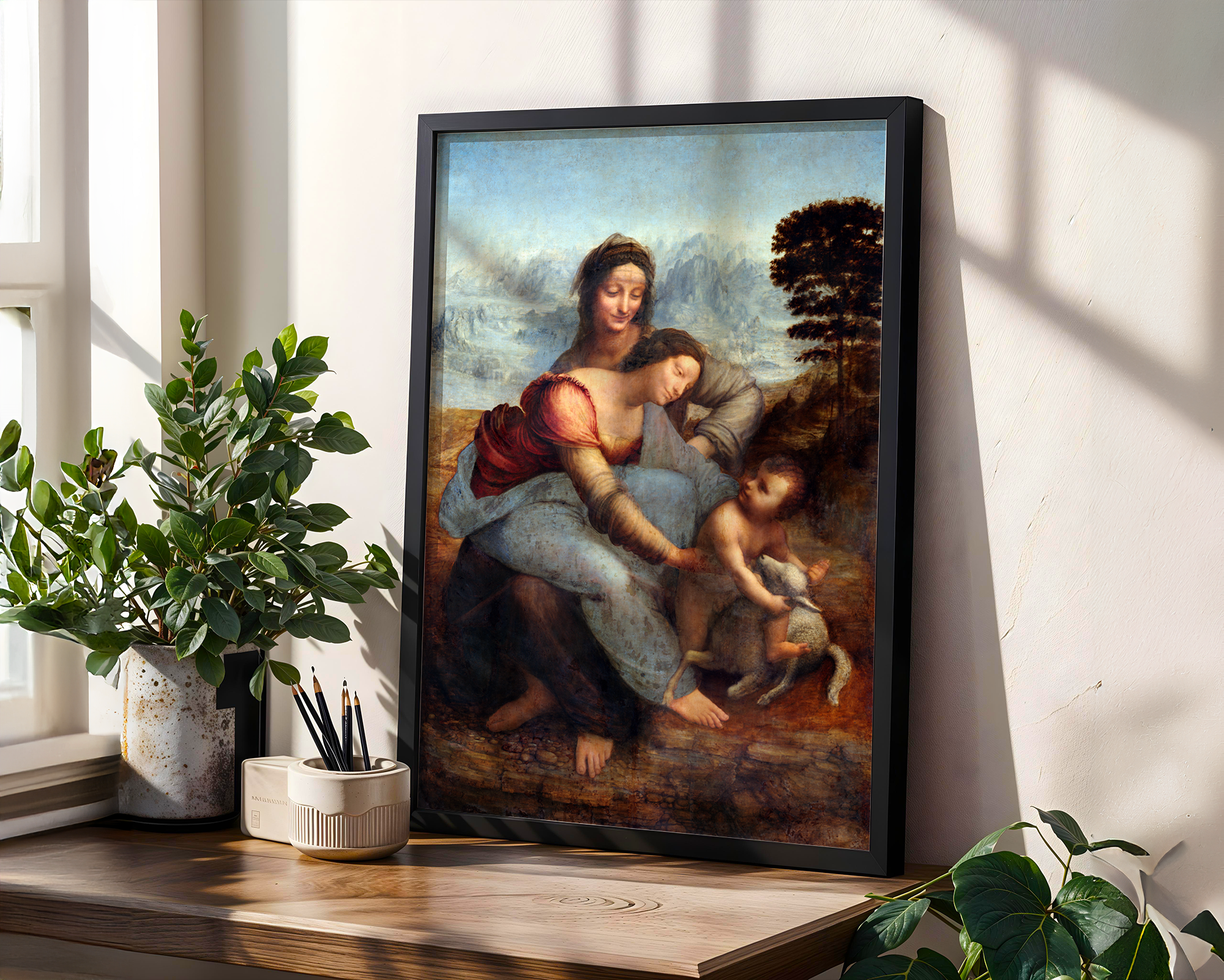 Leonardo da Vinci’s Virgin and Child with St. Anne – Classic Renaissance Masterpiece Framed Print