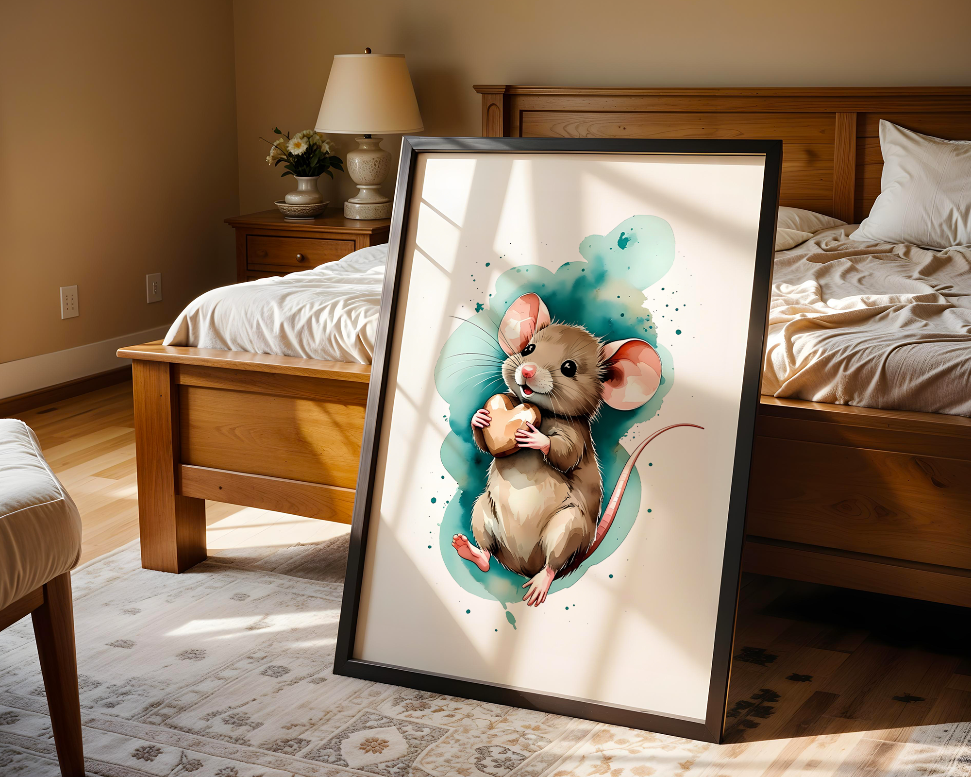 Drift & Heart – Playful Mouse Framed Poster in Watercolor