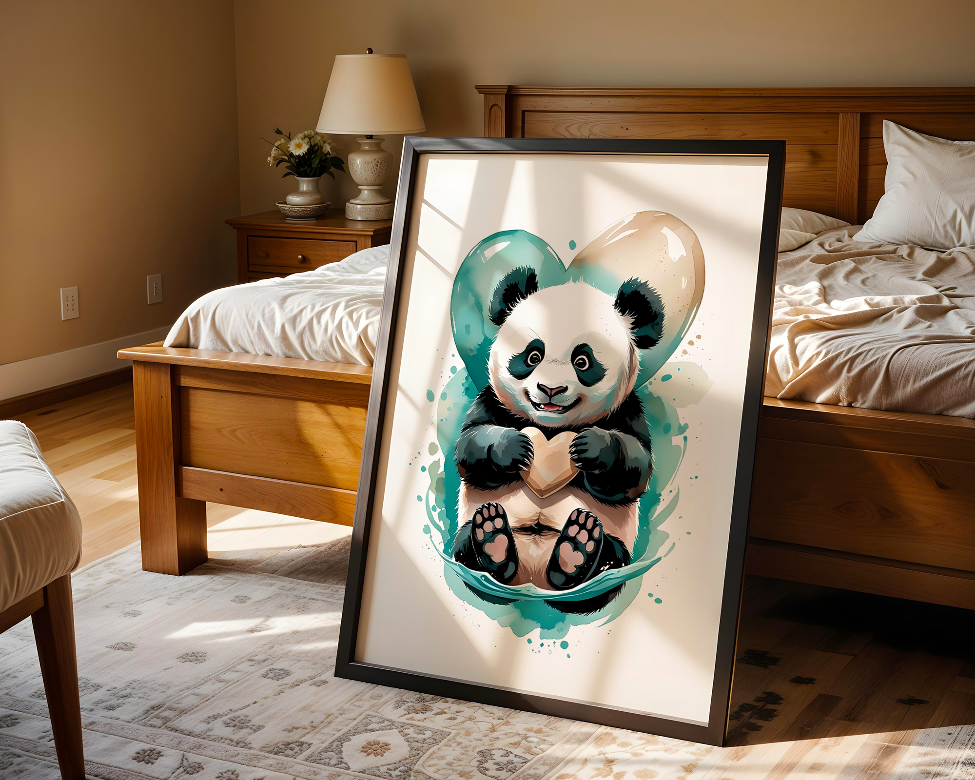 Drift & Heart – Playful Panda Framed Poster in Watercolor