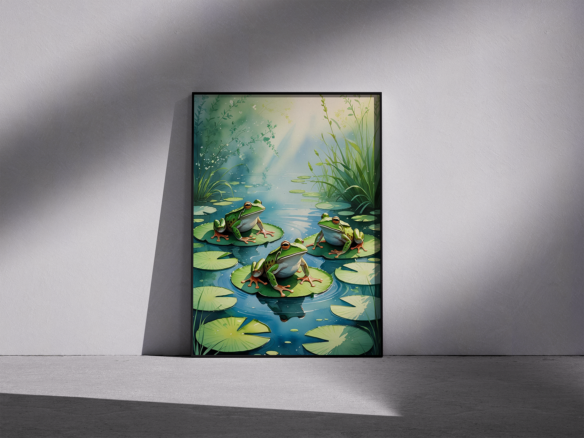 Lily Drift – Tranquil Frog Trio Framed Poster in Watercolor Style