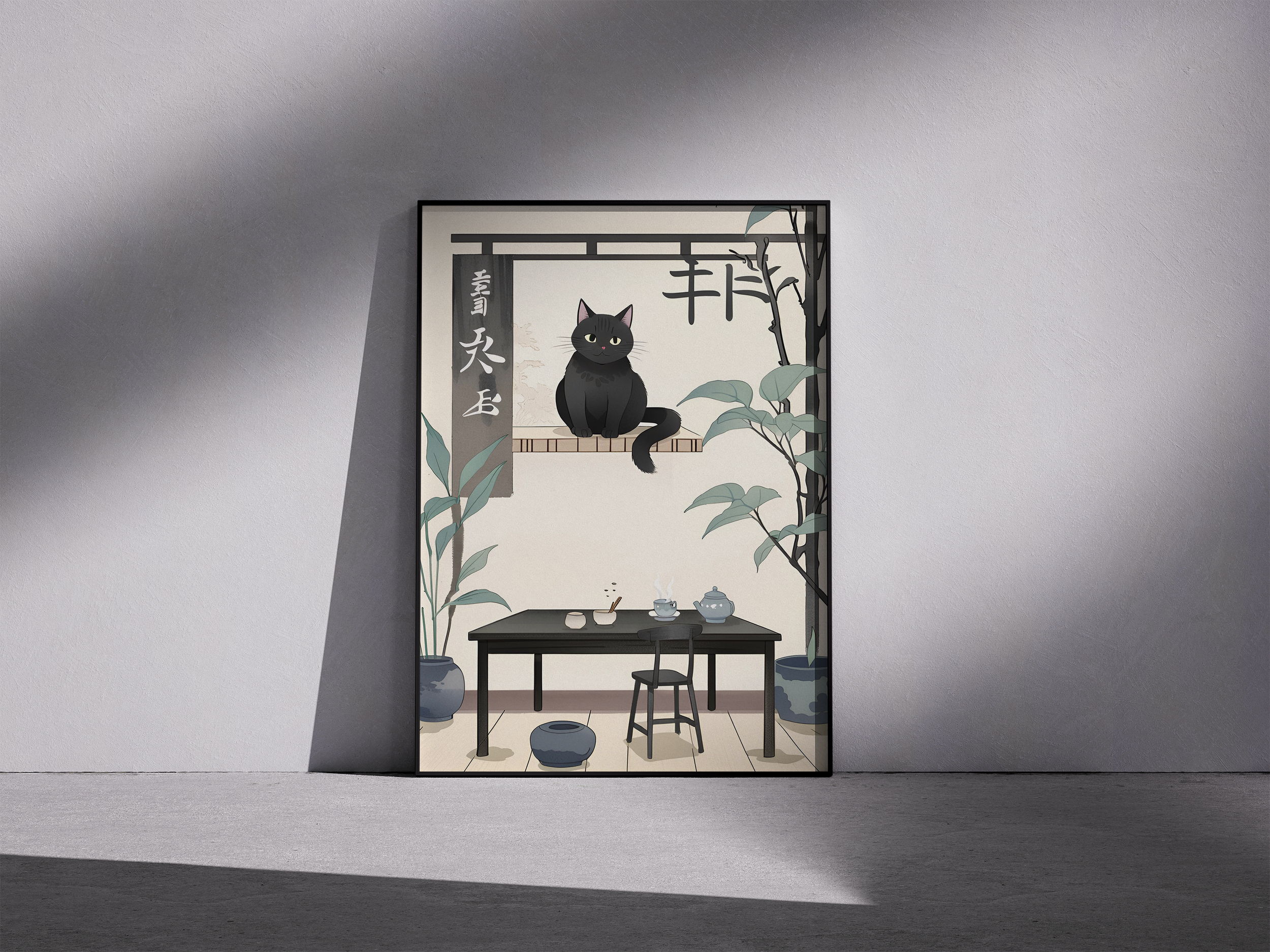 Charming Japanese Kitten Art Print – Perfect Framed Decor for Cat and Animal Lovers