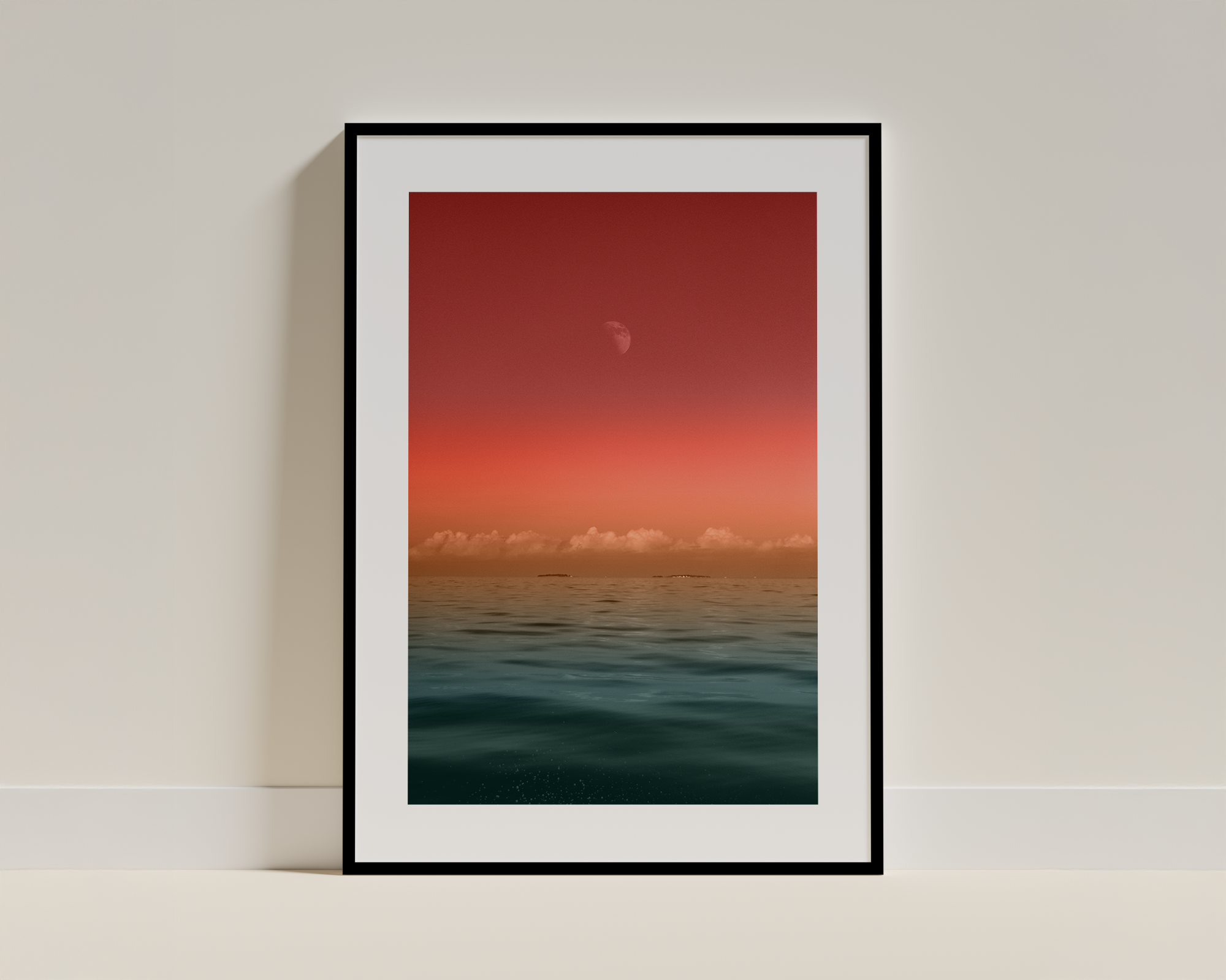 Moonlit Horizon – Surreal Ocean Sunset Framed Poster