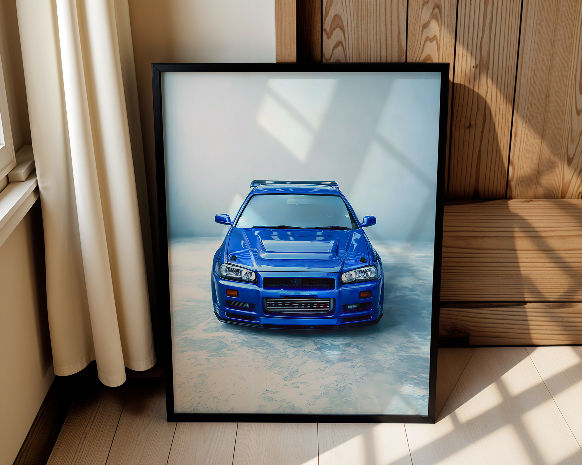 Blue Skyline R34 – Modern Framed Automotive Poster – For Car Enthusiast
