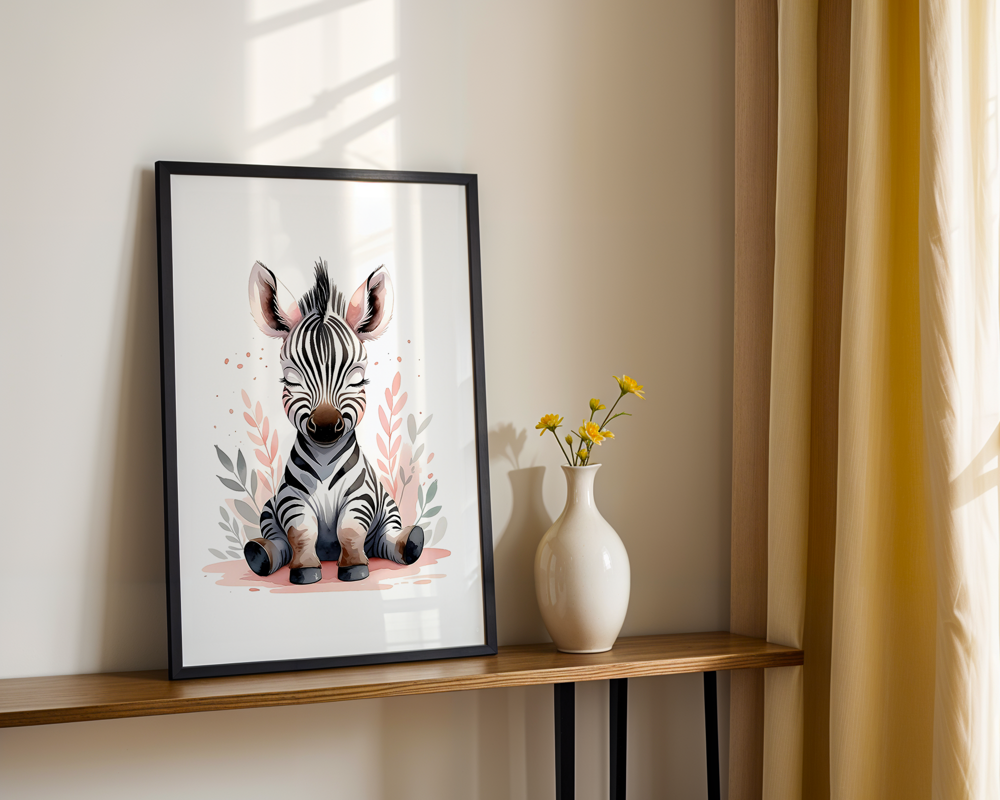 Gentle Love - Watercolor Style Print - Baby Zebra Framed Poster
