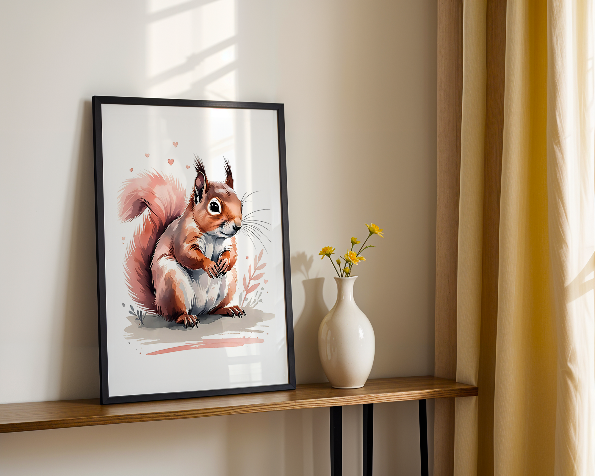Gentle Love - Watercolor Style Print - Baby Squirrel Framed Poster