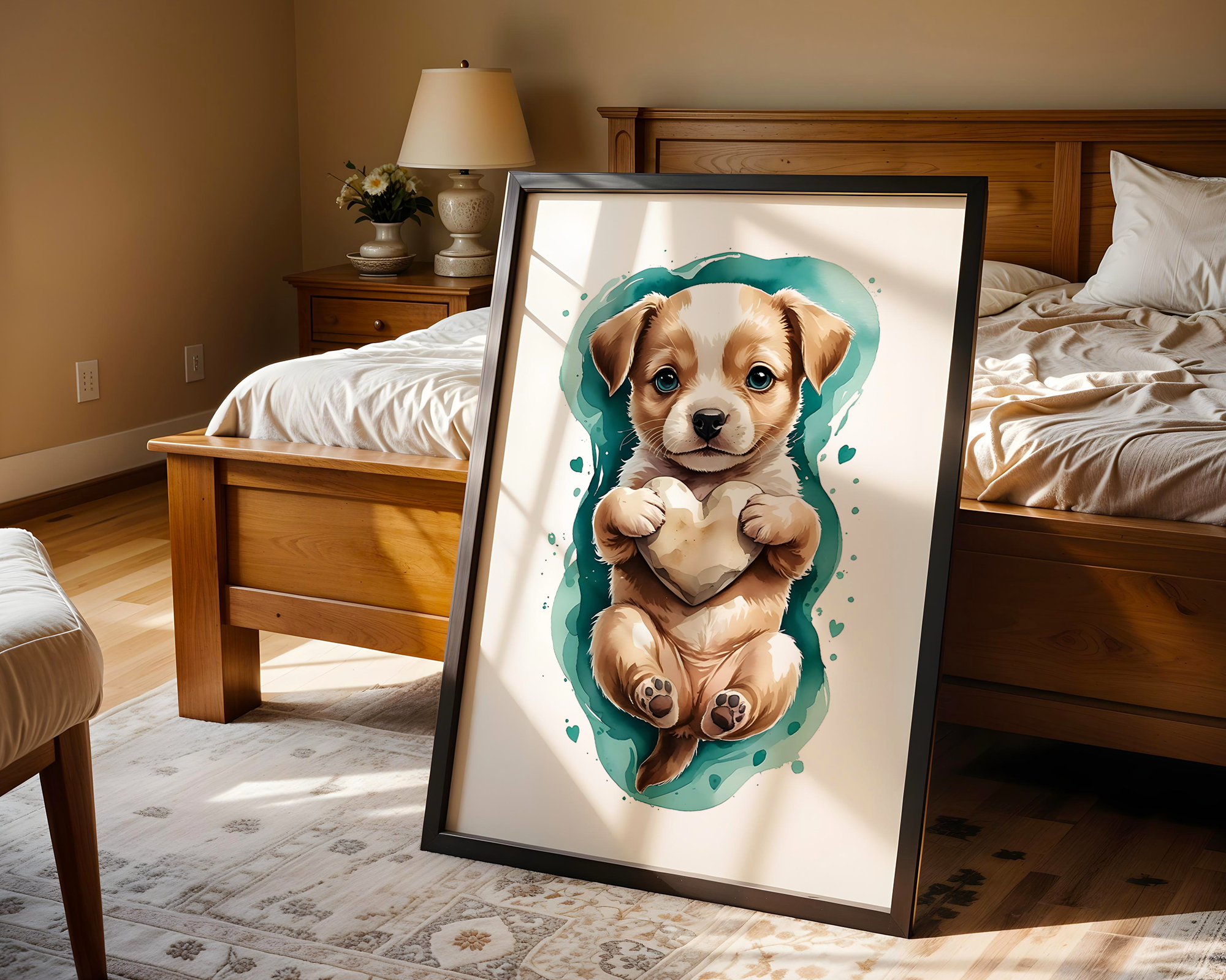Drift & Heart – Playful Puppy Framed Poster in Watercolor