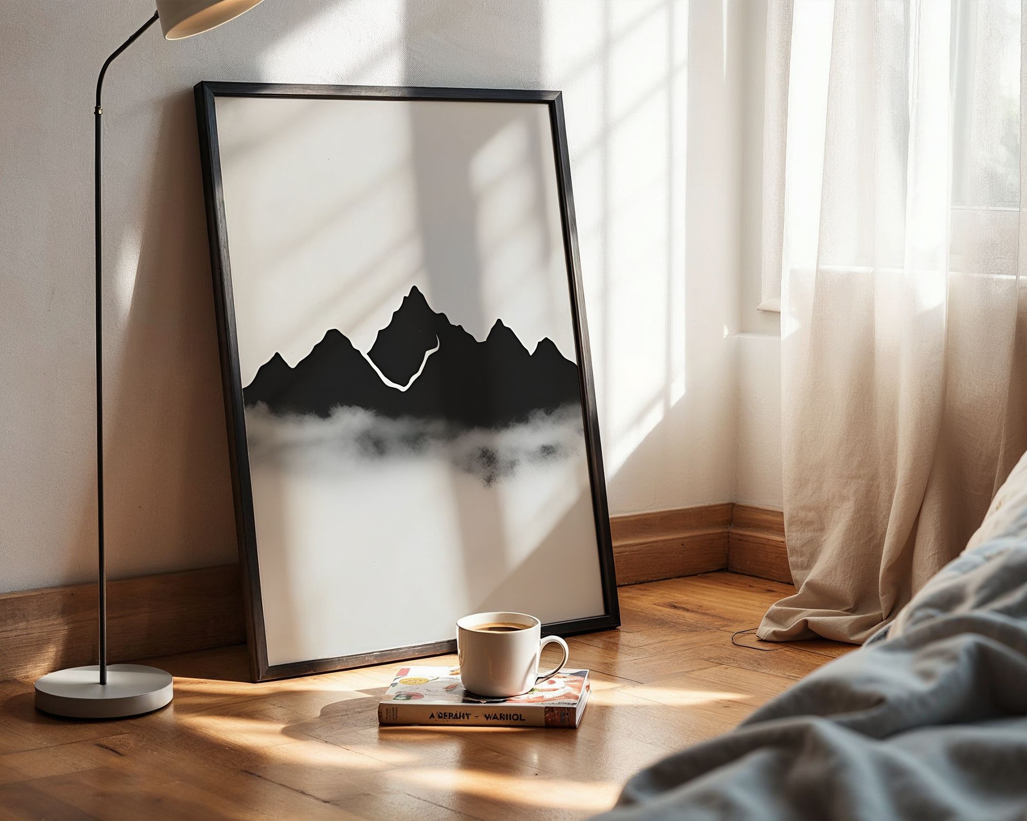 Nordic Calm – Minimal Foggy Mountain Framed Artwork in Black and White