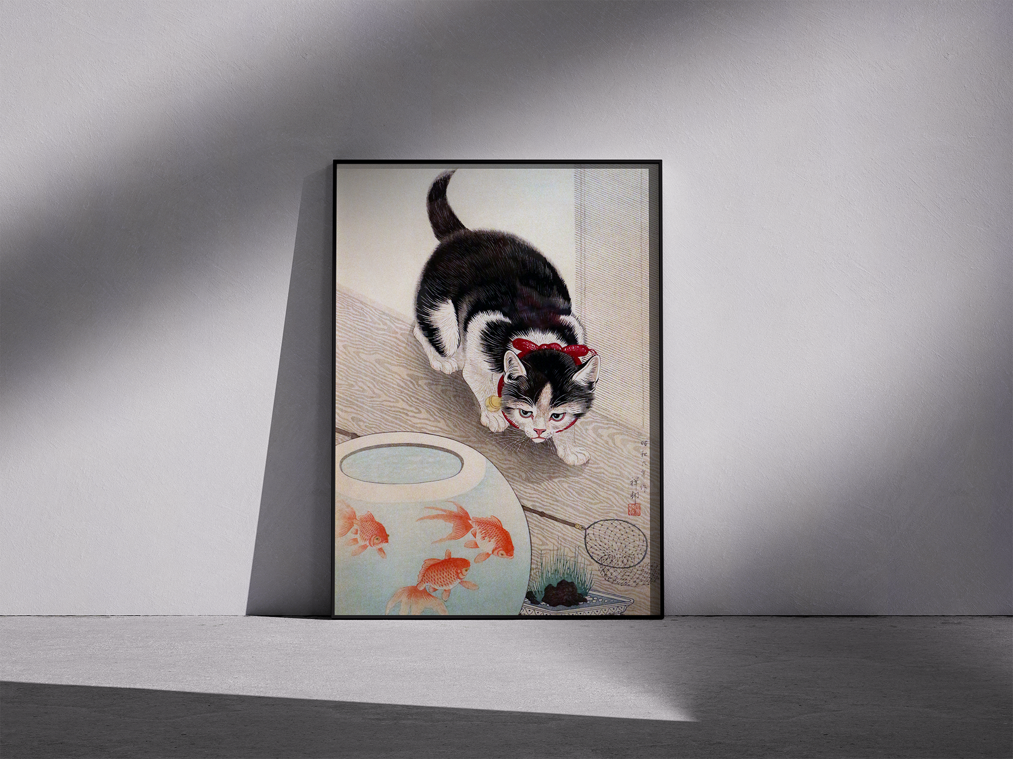 Japanese Vintage Art – Cat And Gold Fish by Ohara Koson – Framed Ukiyo-e poster