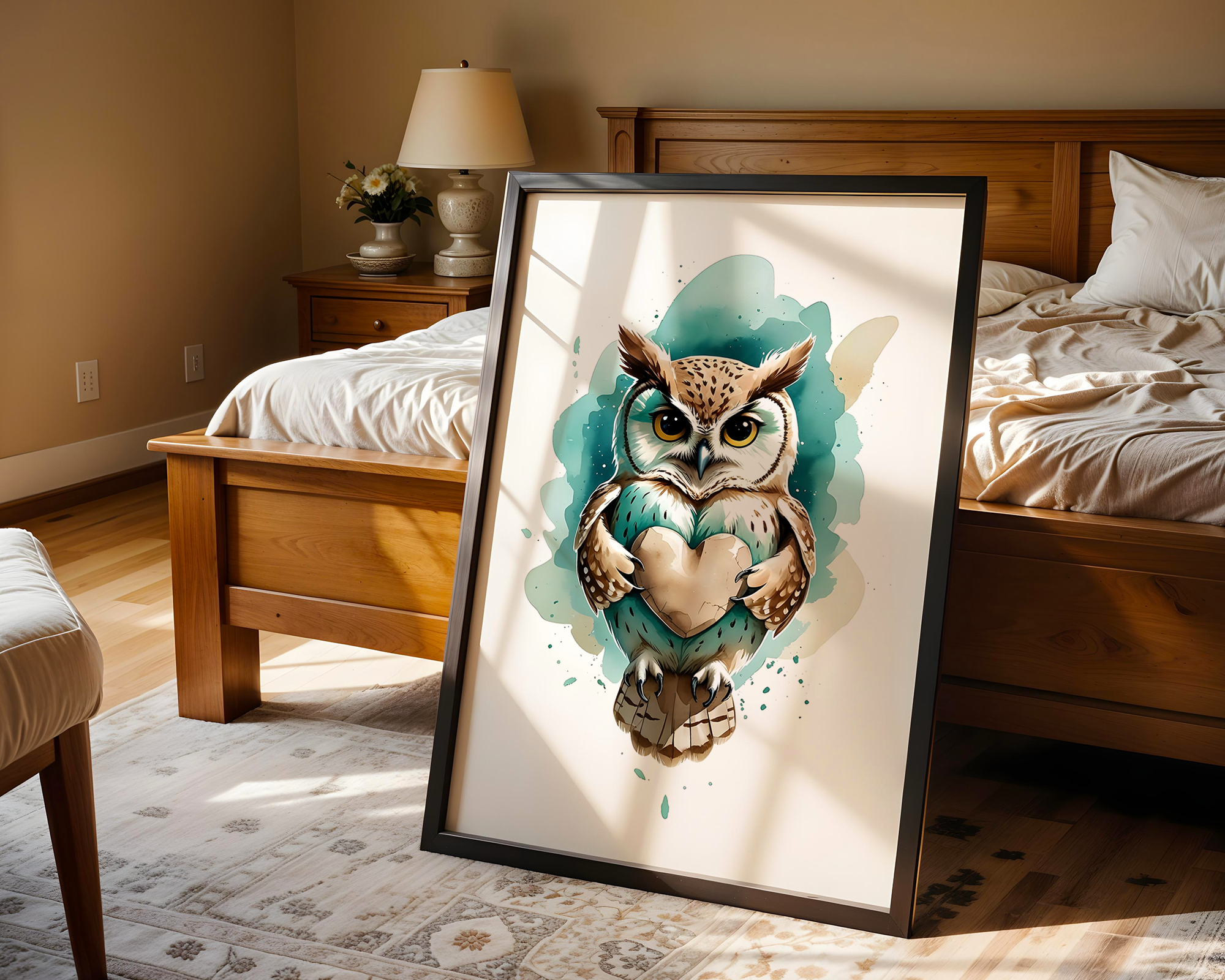 Drift & Heart – Playful Owl Framed Poster in Watercolor