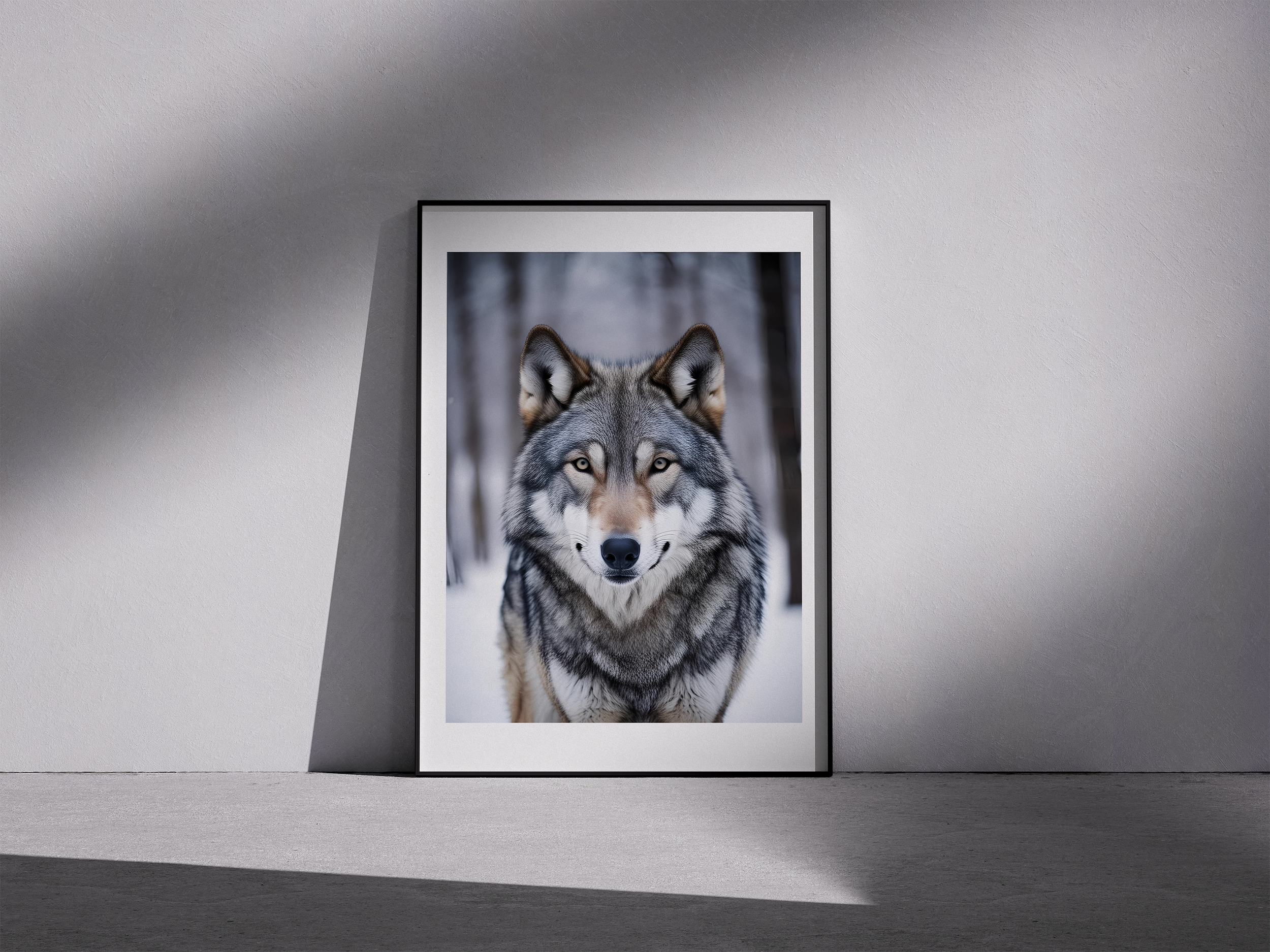 Lone Guardian – Winter Wolf Photography Framed Print for Modern Wall Decor