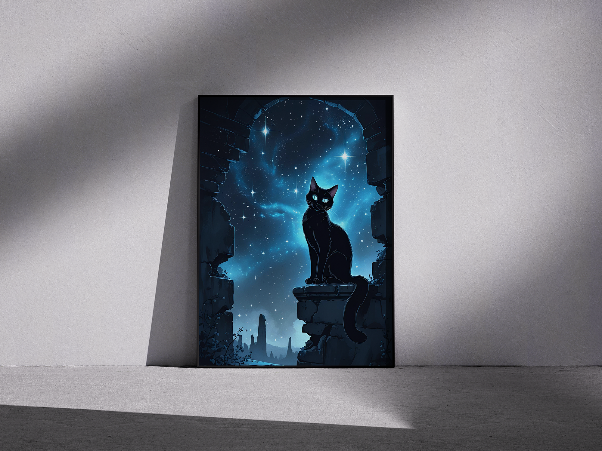 Midnight Watcher – Mysterious Black Cat in Ruins - Framed Poster