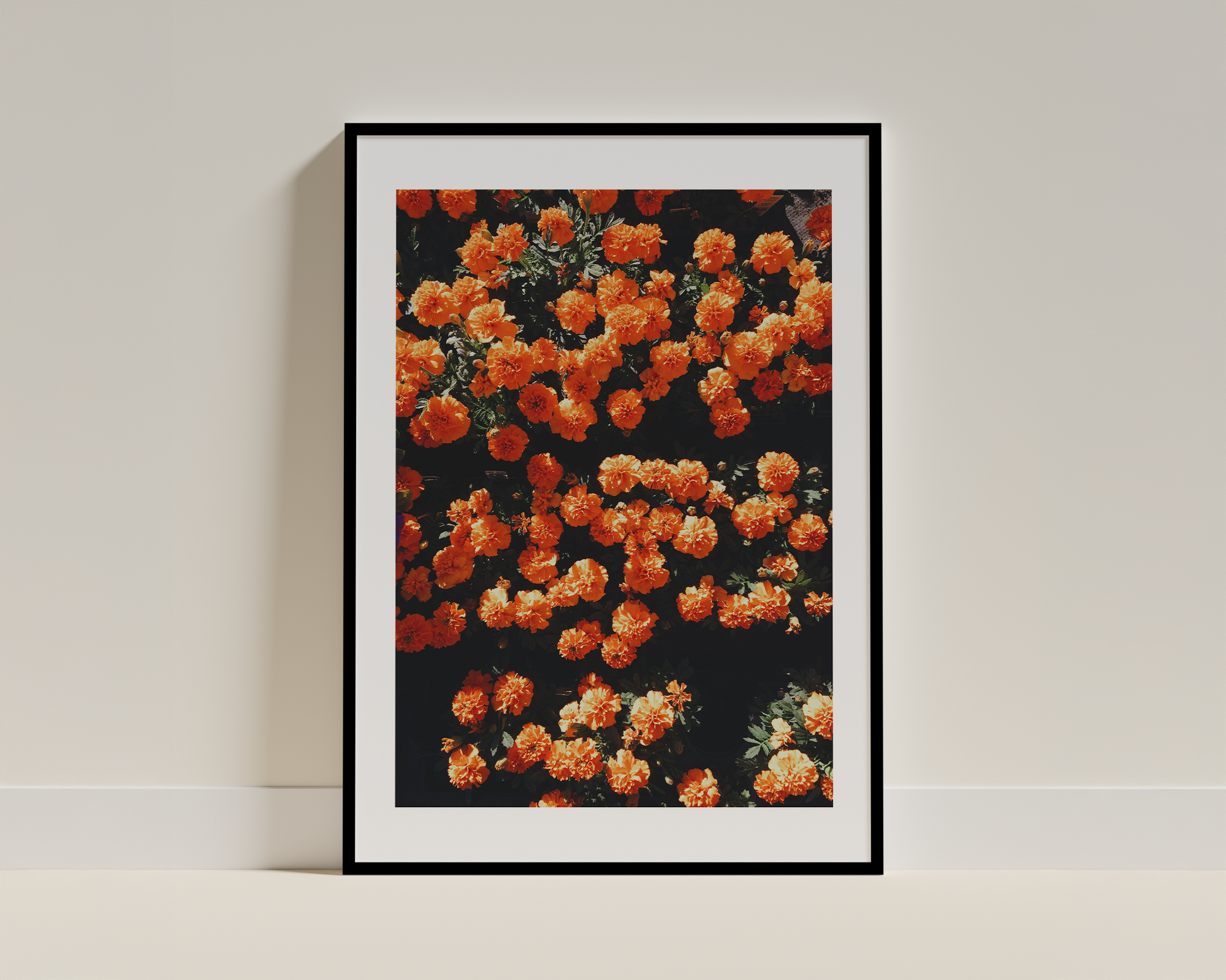 Orange Marigold Field Print – Framed Botanical Wall Art, Nature-Inspired Decor