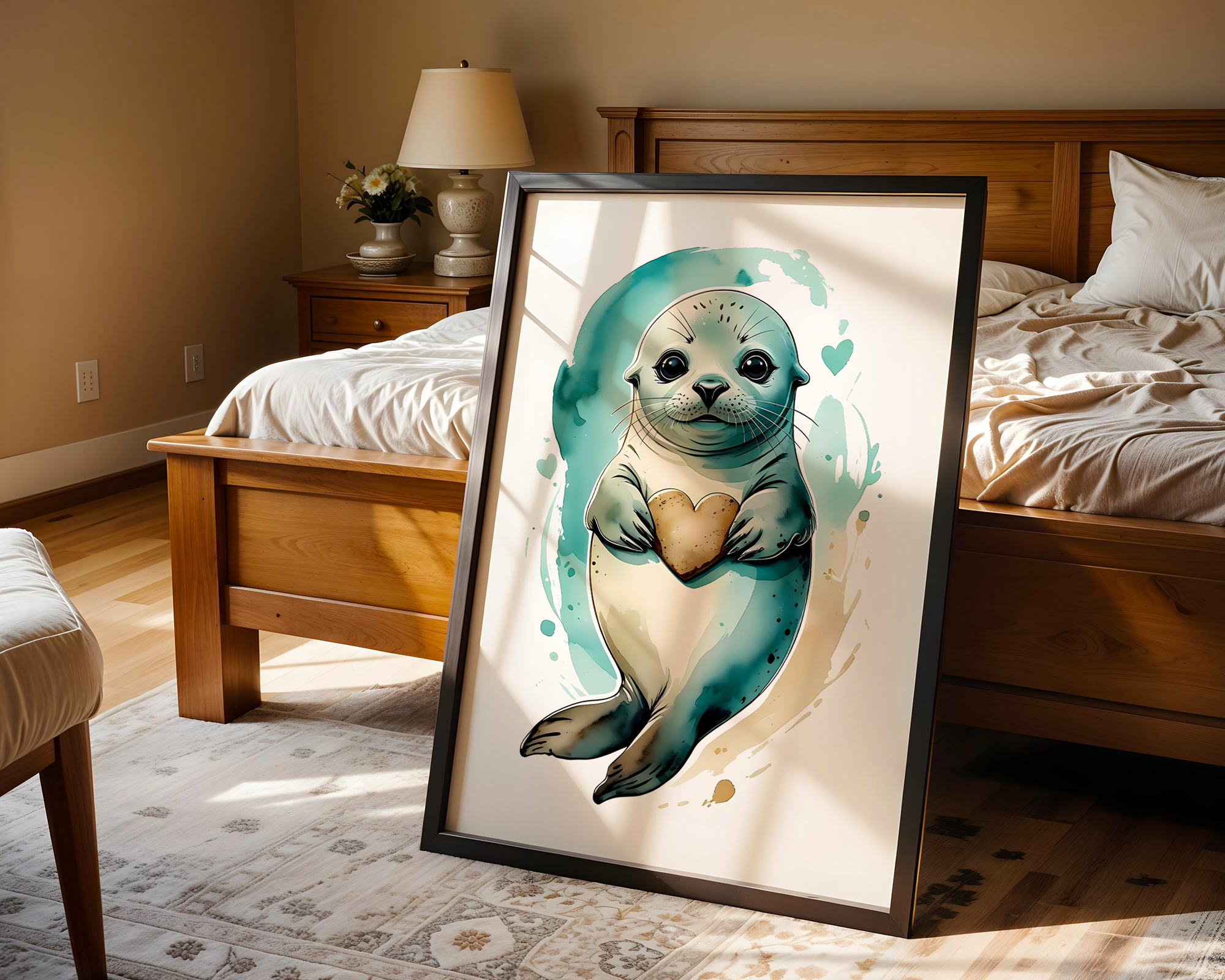 Drift & Heart – Playful Seal Framed Poster in Watercolor